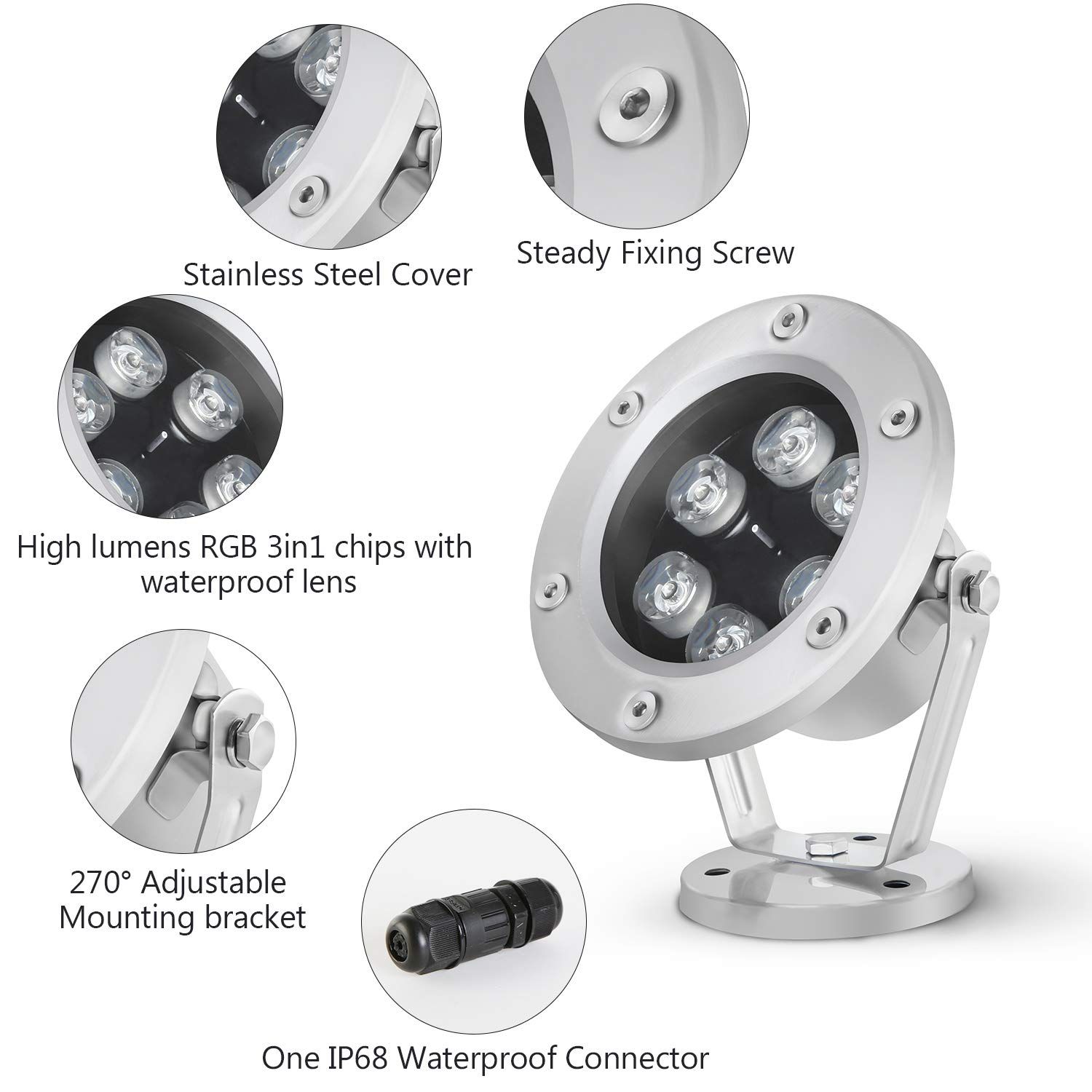 RSN LED Underwater Light 18W RGB Waterproof Grade IP68 LED Color Changing Spot Light Landscape Lighting Suitable for Swimming Pools, Fountains, Waterfalls, Aquariums（Not Include Transformer）