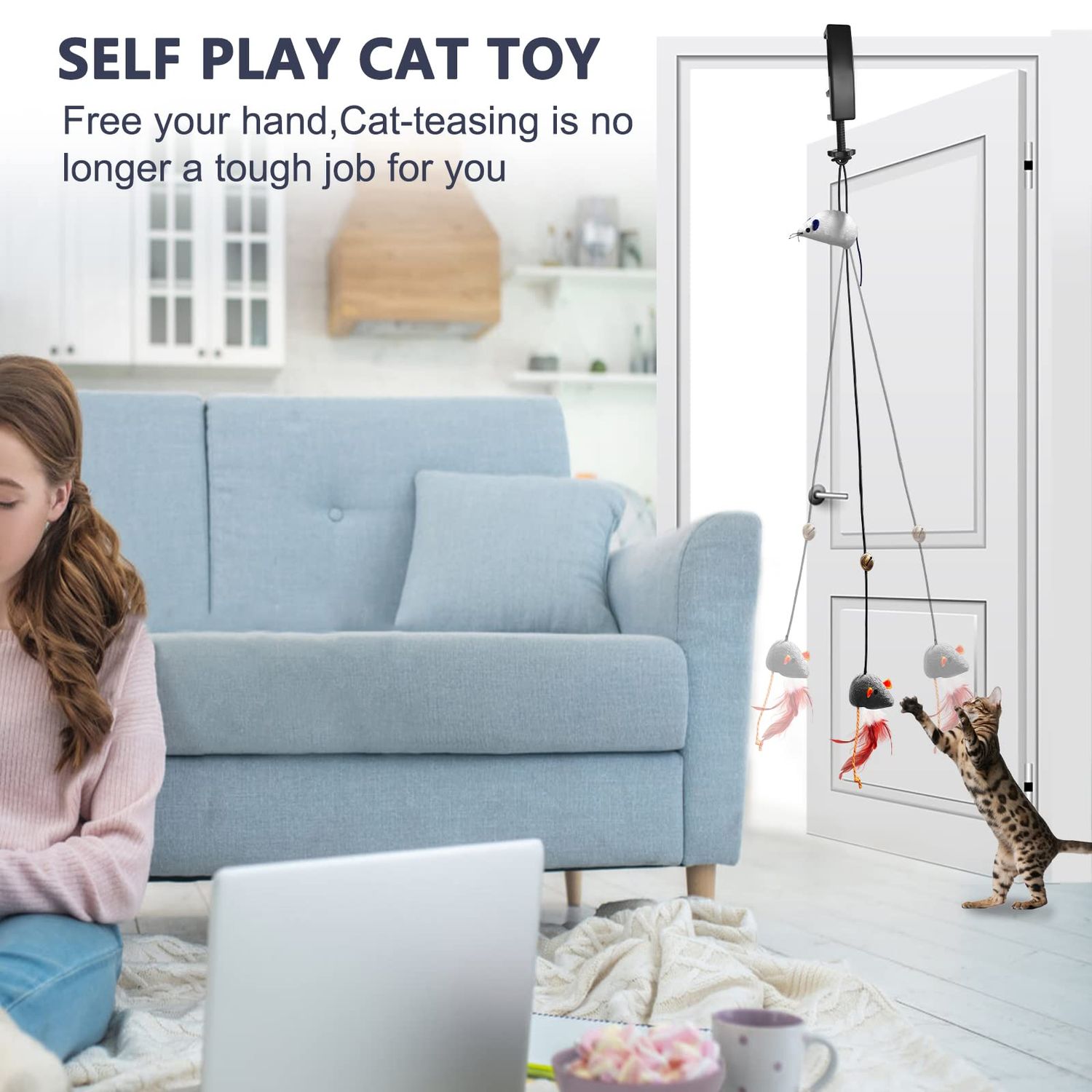 MPISAL Interactive Cat Toys, Bouncing Catnip Mouse Toys with Feather Toys, Hanging Cat Toys for Indoor Cats Kitten Play Chase Exercise with Bell, New Spiral Clamping Teasing Cats Toys for Door Frame
