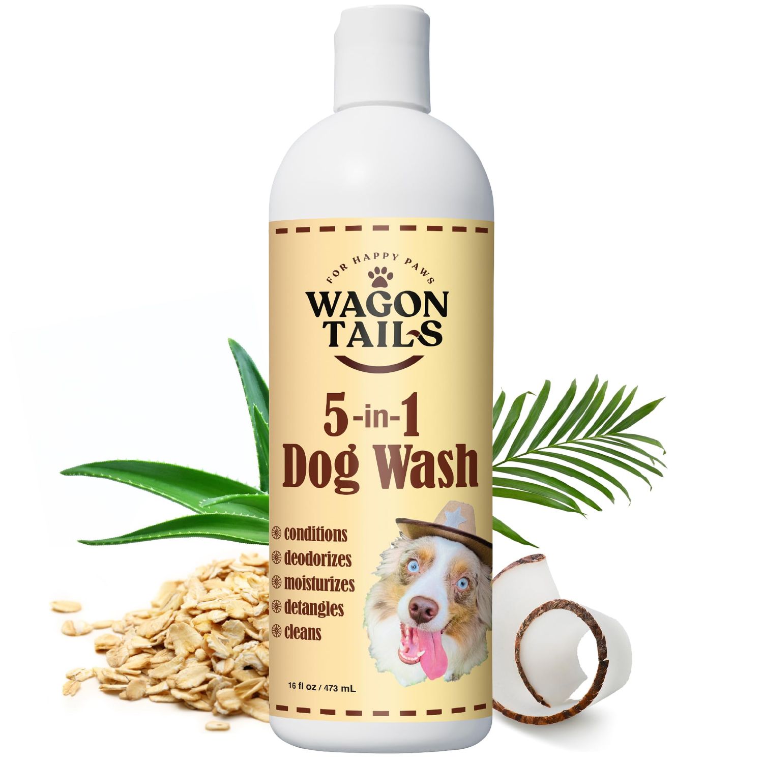 Wagon Tails 5-in-1 Dog Shampoo and Conditioner | 16 Oz | All Natural, Eco-Friendly Dog Itch Relief Formula | Moisturize/Replenish with Coconut and Palm | Paraben/Sulfate Free with Aloe and Oatmeal