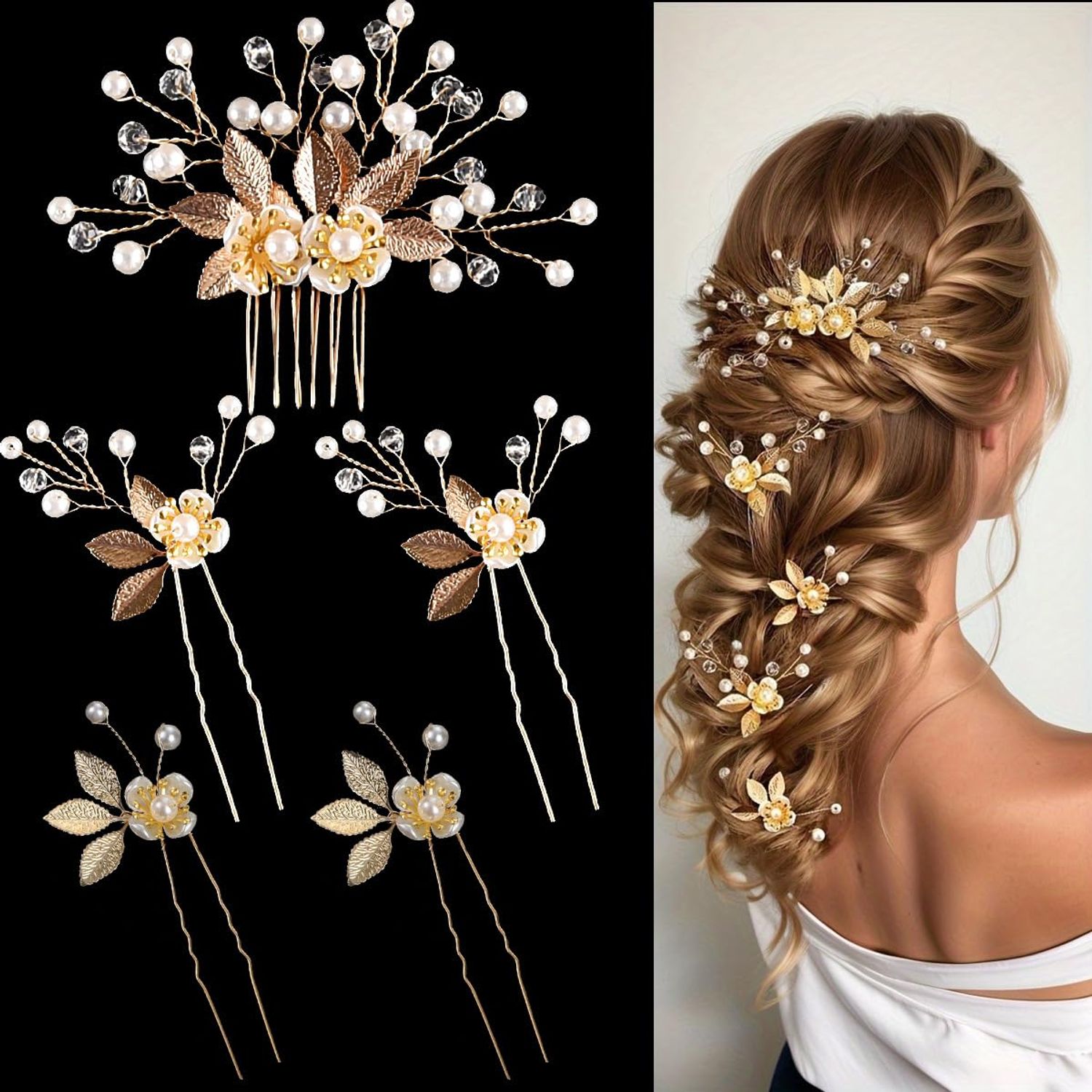 CASOLVX 5 Pieces Gold Leaf Hair Pins Bride Hair Clips Headpiece Flower Pearl Hair Forks Classic Wedding Hair Accessories for Women, Brides and Bridesmaids
