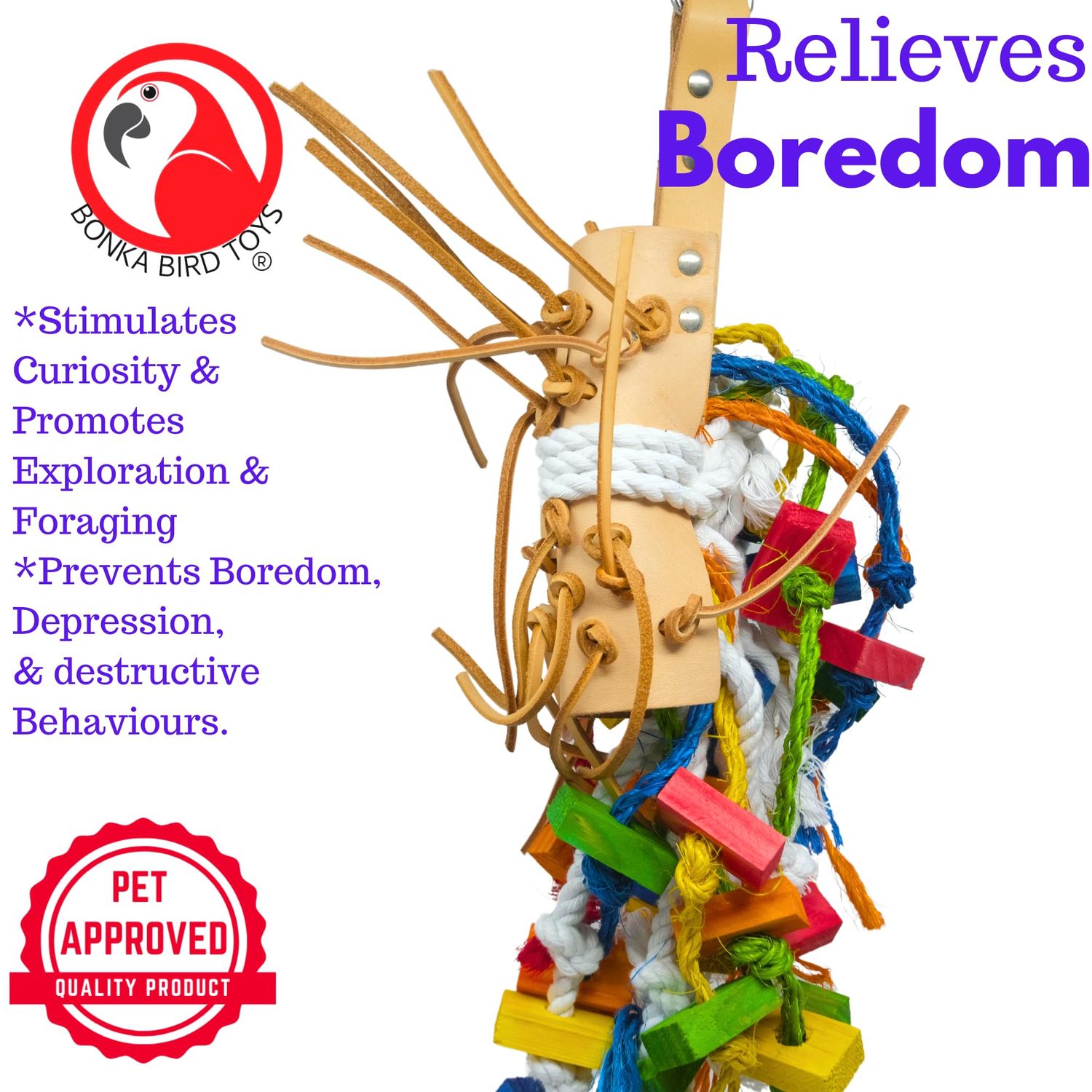 Bonka Bird Toys Leather Saddle Chew Forage Preen Parrot Cage Toy Birds, Macaws, Cockatoos, Conures, Quakers, Ringnecks, Amazons, African Greys and Similar Breeds (2630 Medium)