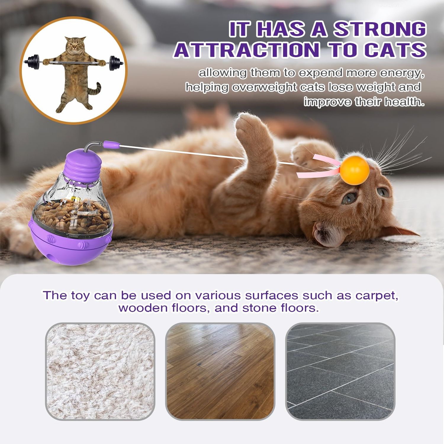 KitchiFlora Cat Toys for Bored Indoor Cats Tumbler Interactive Cat Toys with Teaser Wand Cat Food Dispenser - Ideal for Exercise and Boredom Relief Pet Supplies Birthday Gift (Purple)