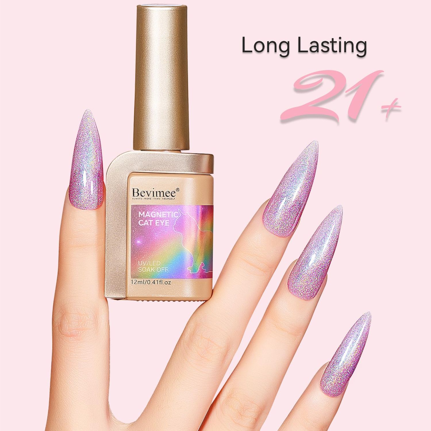 Bevimee Cat Eye Gel Nail Polish Rainbow Color Glitter Holographic Gel Polish Pink Reflective Shimmer Iridescent Sparkly Nail Gel Polish Galaxy Magnetic UV Gel for Nail Art at Home 12ML