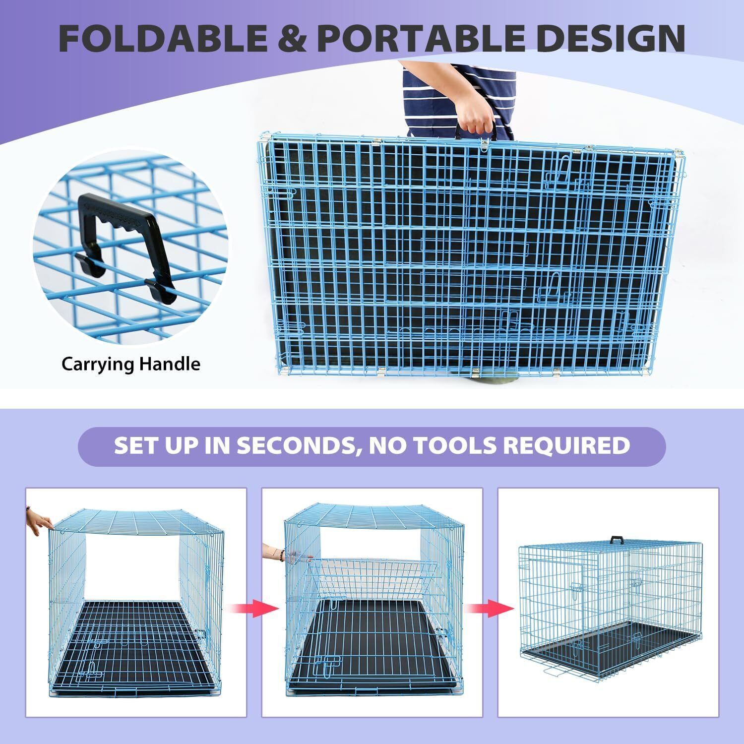 Dog Cage Large Dog Crate Foldable Wire Metal Pet Crate With Double-door And Tray