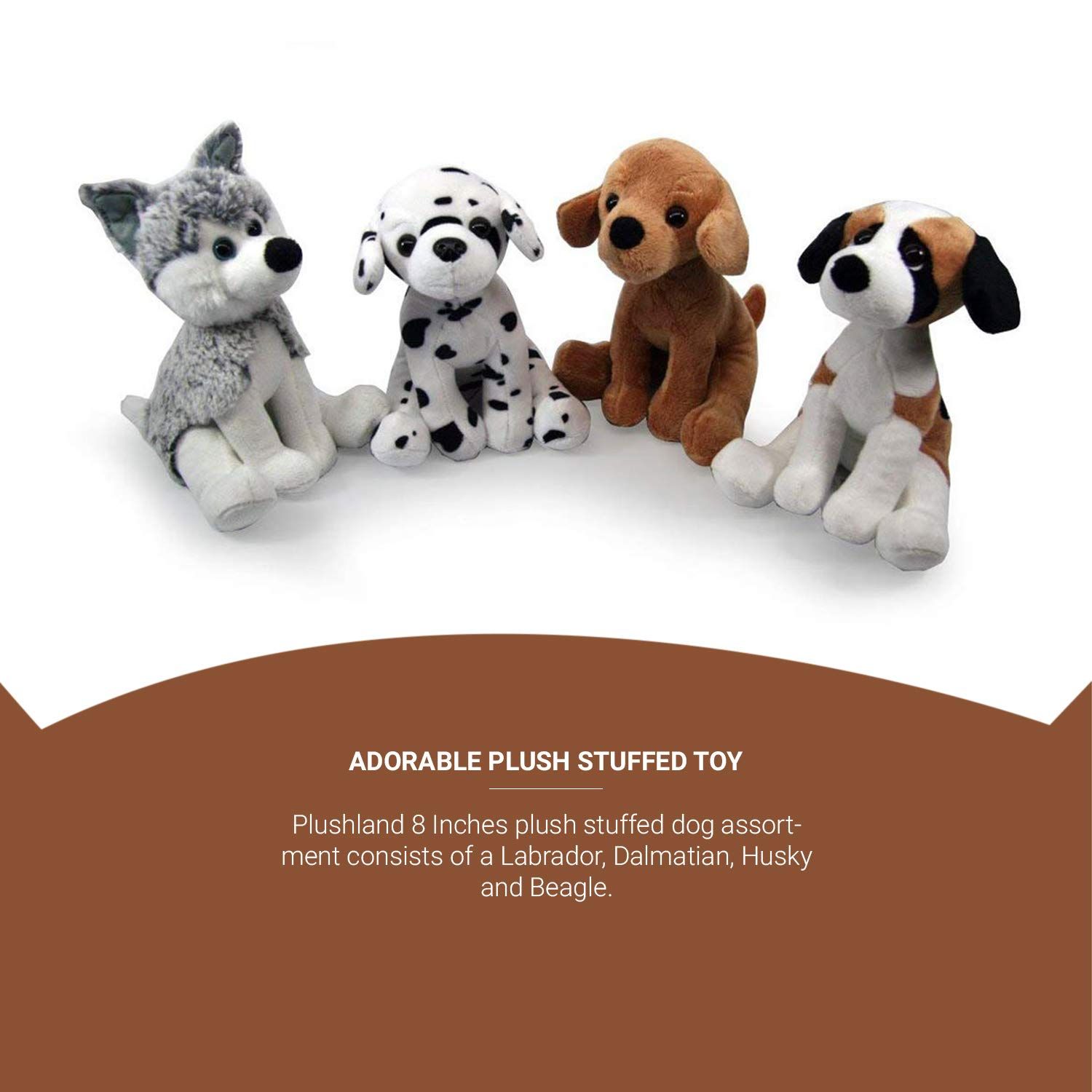 Plushland Stuffed Plush Dog Assortment – Collection of Labrador, Dalmatian, Husky and Beagle - Cute Dog Toys for Kids – 4 Pack – 8 inches.
