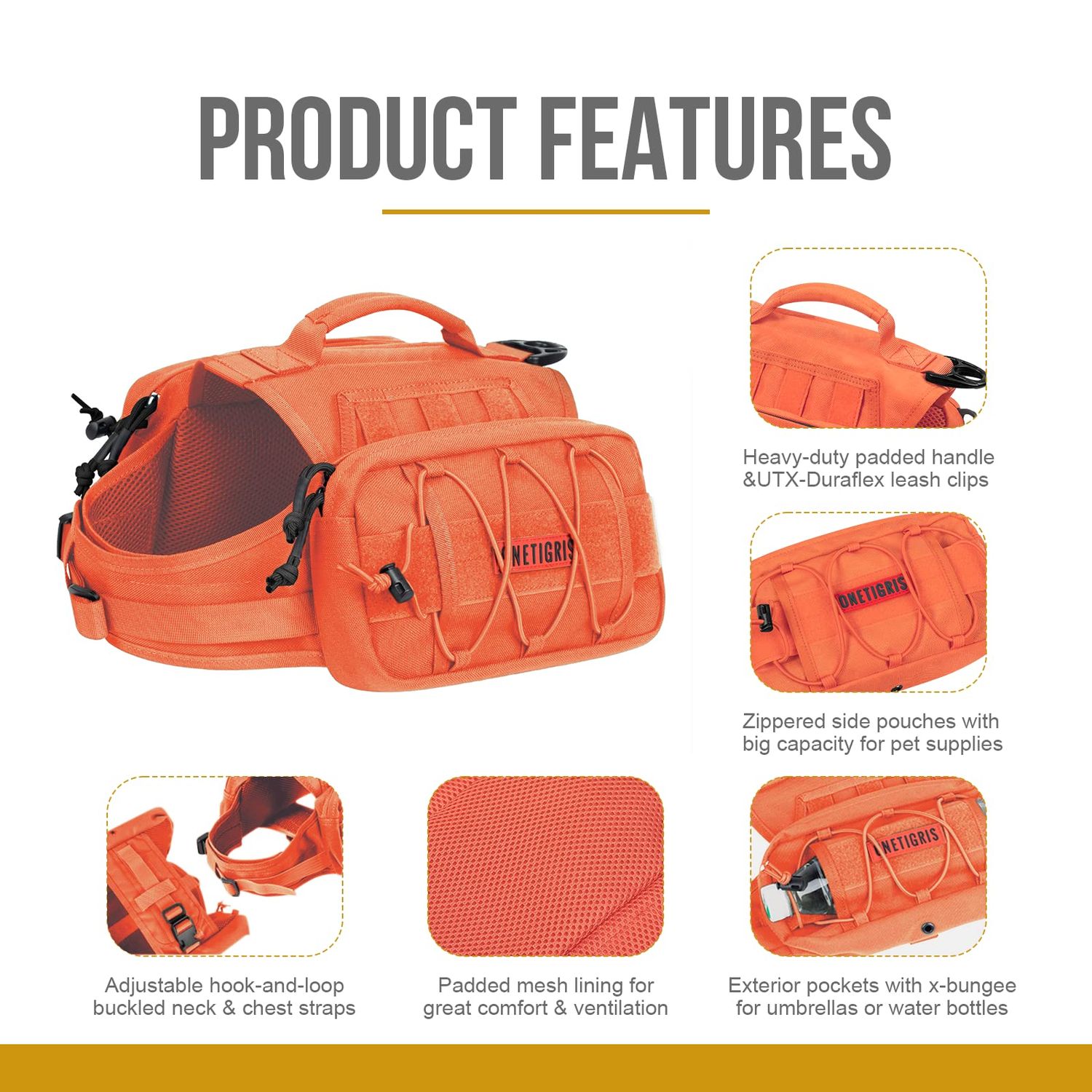 OneTigris Dog Backpack for Medium & Large Dogs, Mammoth Nylon Dog Pack Tactical Backpack Harness with Side Pockets for Hiking Walking Training Running