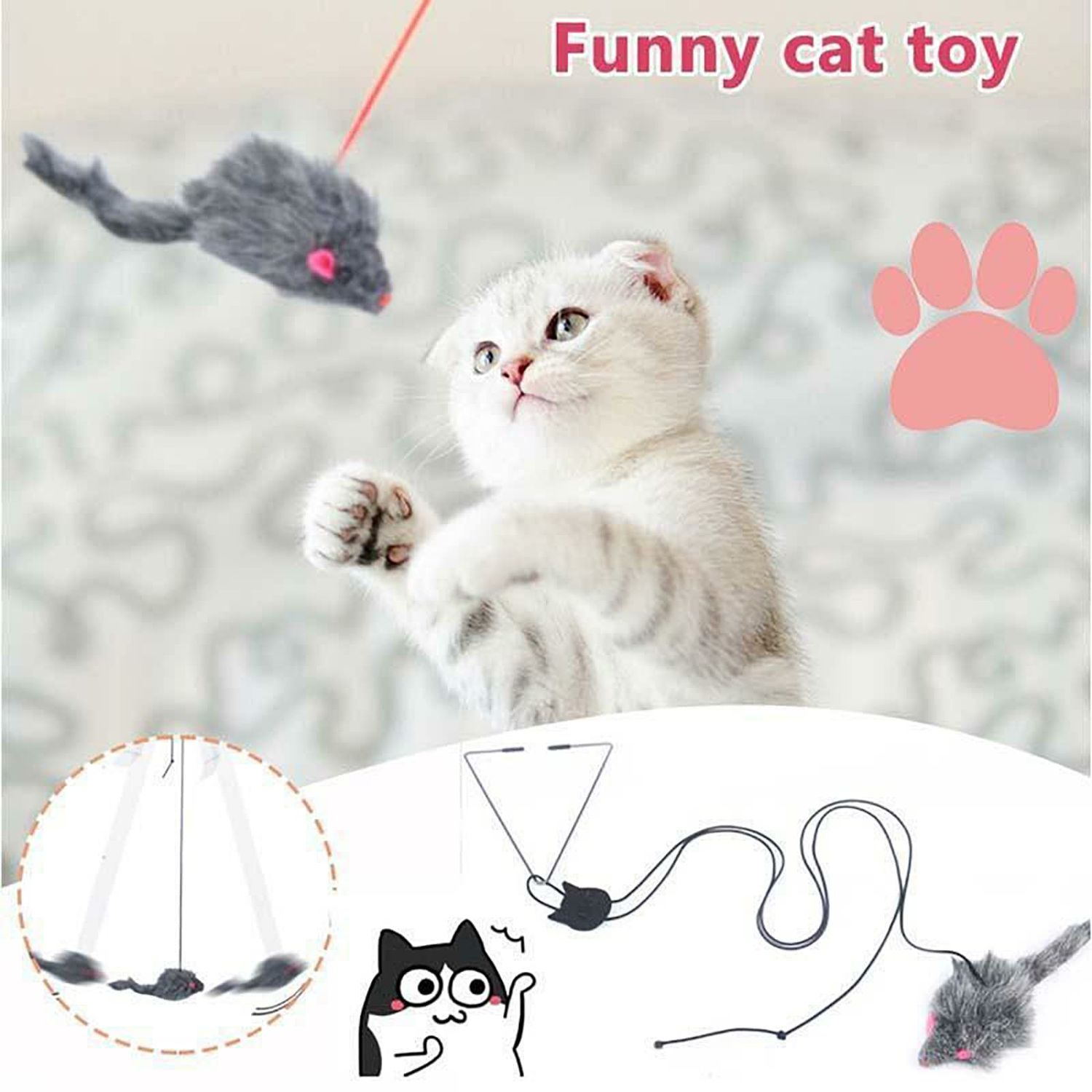 YUGYUJ Cat Toy Rope Mouse Play Supplies, Hanging Retractable Cat Catching Mouse Toy, Funny Door Hanging Bouncing Mouse Retractable Plush Mice Cat Interactive Toy (Black)