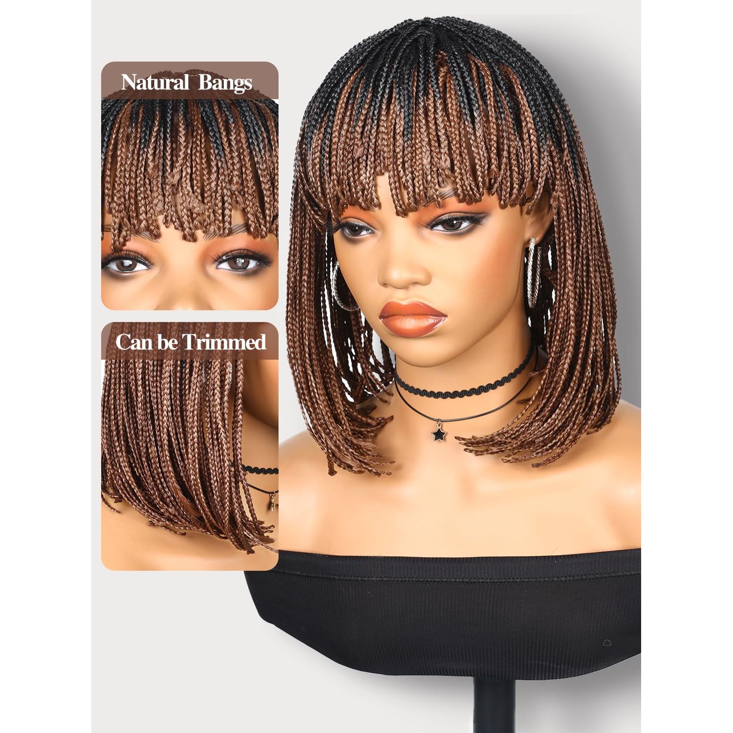 Fancy Hair Braided Wigs for Black Women Short Box Braid Wig with Bangs Synthetic Bob Braid Wig for African American Women