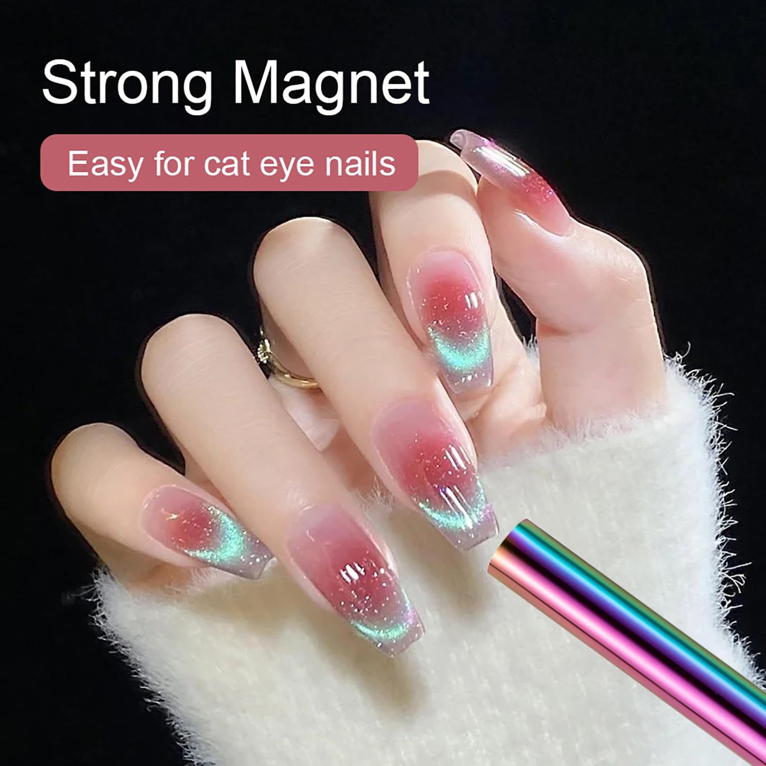 XEAOHESY 2 Pieces Cat Eye Magnet for Nails Double-Ended Iridescent Cylindrical Strong Nail Magnet Brown 3-in-1 Nail Art Magnet Tool for Cat Eye Gel Nail Polish