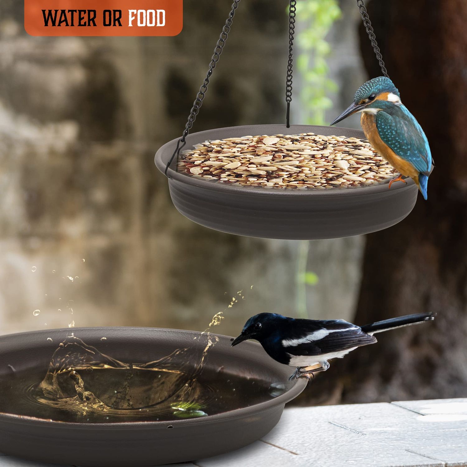 Magerdy Fields 12 Inch Hanging Bird Bath - 3 Chains with an S Hook - Complete with Microfiber Cleaning Cloth and Brush - Bird Bath for Outside - birdbaths for Outdoors- Crow Feeder