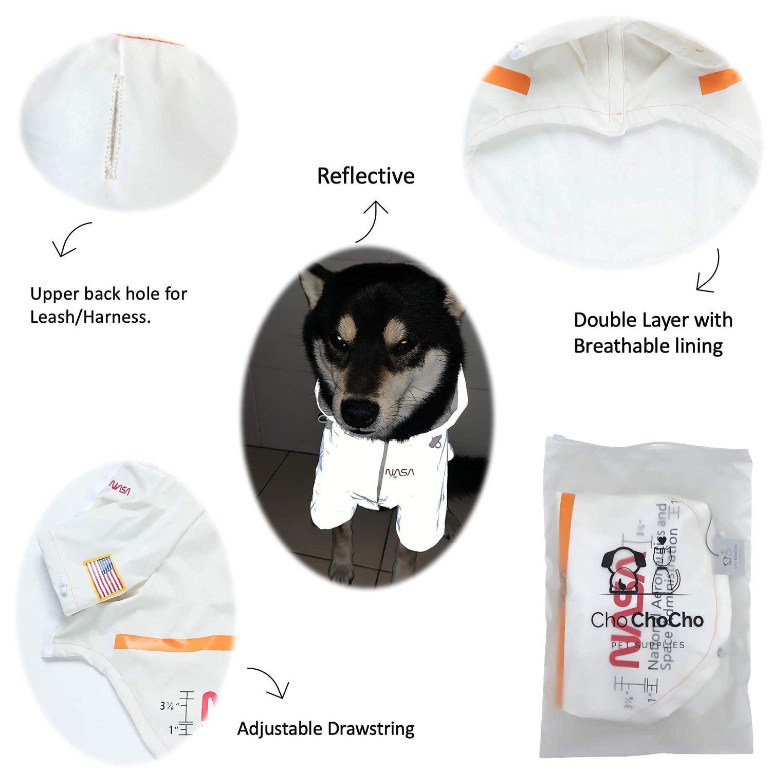 ChoChoCho NASA Dog Raincoats, Reflective Rain Jacket Water Proof, Dog NASA Costume, Dog Clothes, Pet Stylish Streetwear Outfit for Dogs Cat Puppy Small Medium Large (White, 4XL)