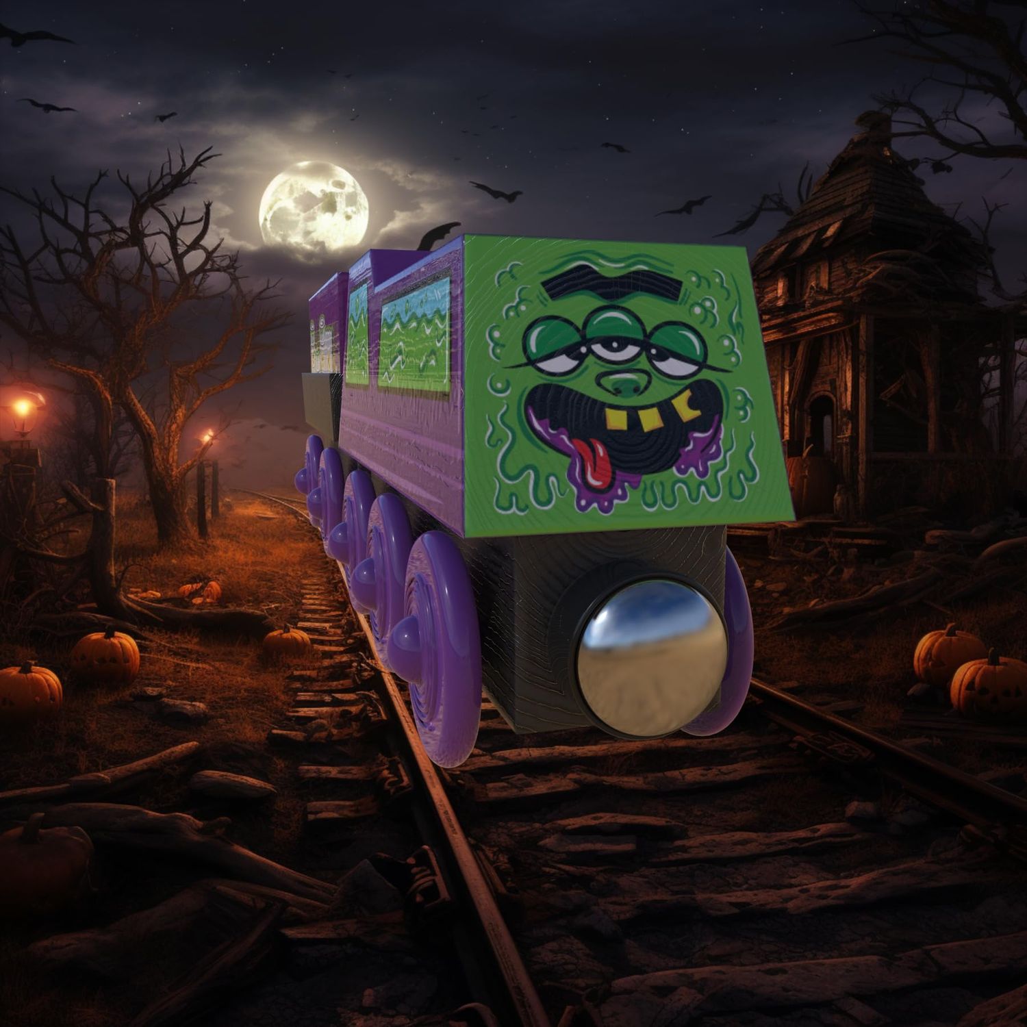 ZANY TRAINS Toddler Halloween Toys - Toxic Ted - Wooden Train Set with Cargo - Compatible with All Wooden Train Sets - Wooden Train Cars - Boo Basket Stuffers - Spooky Puzzle Gifts for Kids