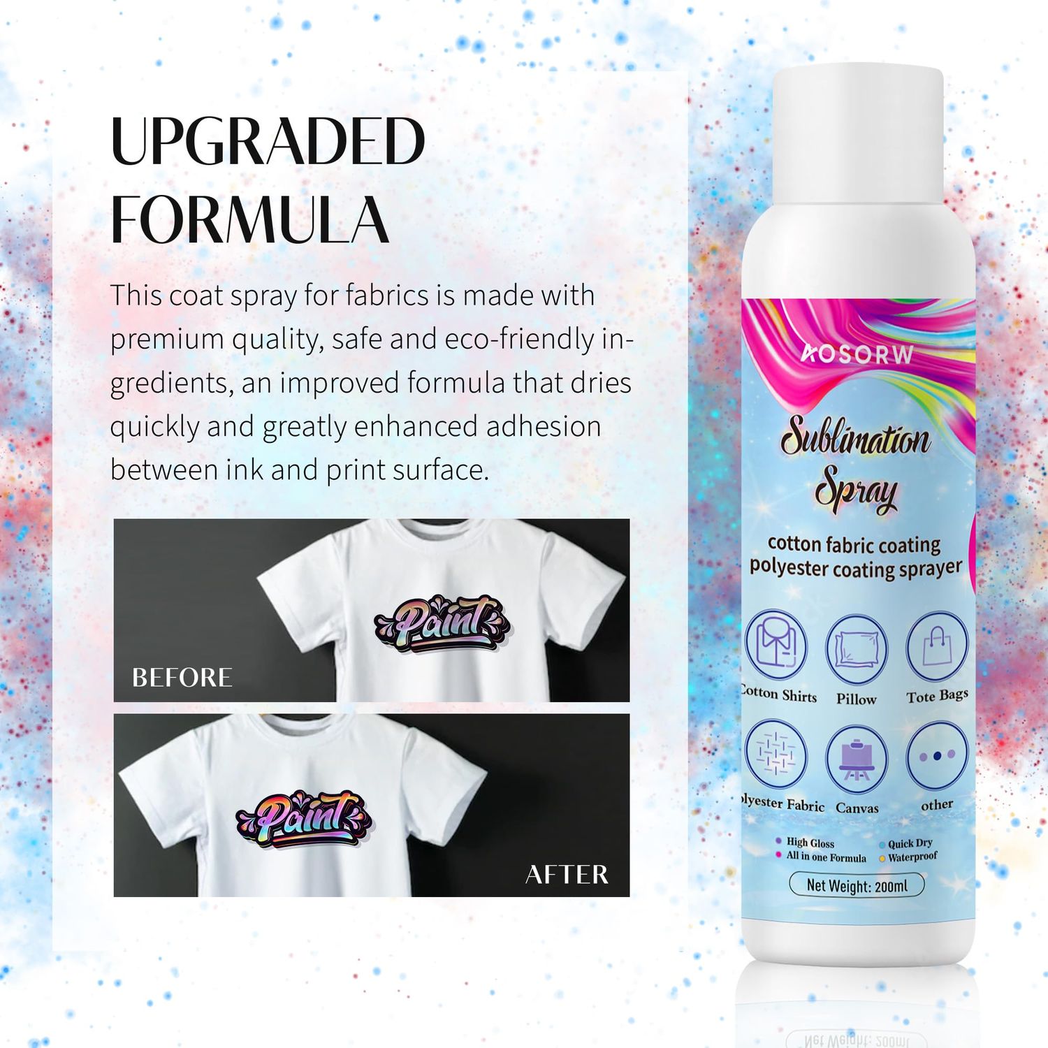 AOSORW Sublimation Spray for Cotton Shirts: Sublimation Coating Supplies for T-Shirts Canvas Polyester (6.76 oz / 200 mL)