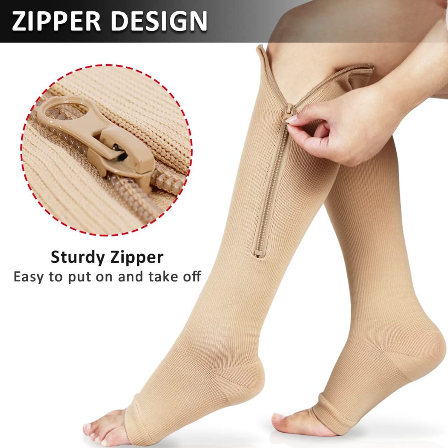 Ailaka Medical Zipper Compression Socks, 15-20 mmHg Knee High Open Toe Compression Socks for Men Women, Support Socks for Varicose Veins, Edema