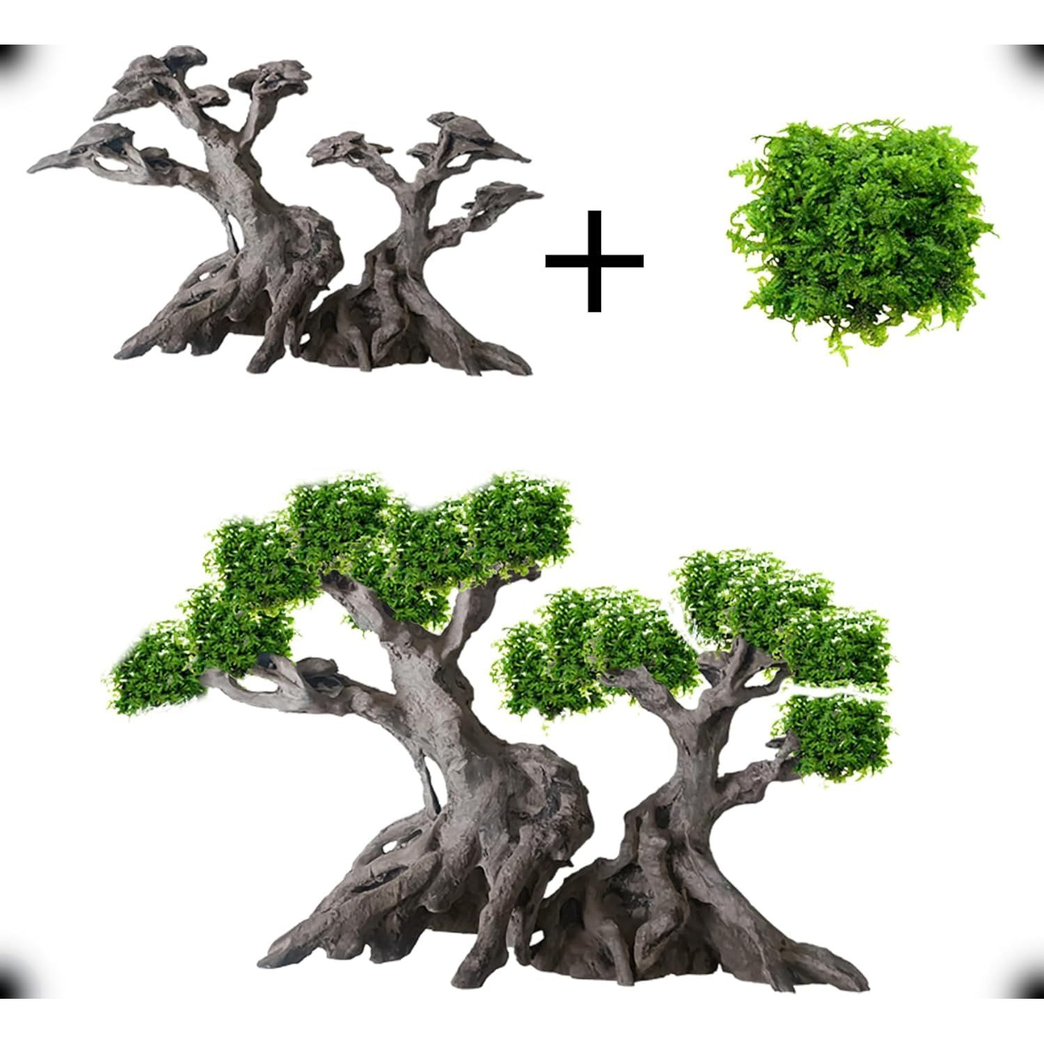 Novelsite Fish Tank Decor- Bonsai Trees with Faux Moss- Aquarium Rocks Aquascaping- Made of Sandstone, Goldfish Betta Fish Tank Decorations Hides Accessories