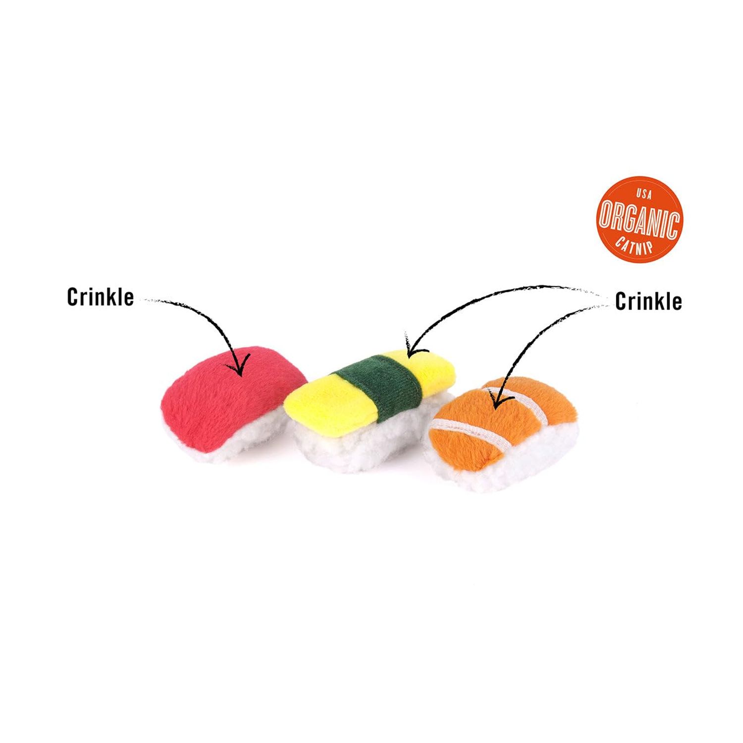 P.L.A.Y. Cute Cat Toys - Feline Frenzy Sushi Food Themed Catnip Filled Toy, Great for Adult Cats and Kittens - Machine Washable, Double Stitched, Recycled Materials, Crinkles (Sassy Sushi, Set of 3)