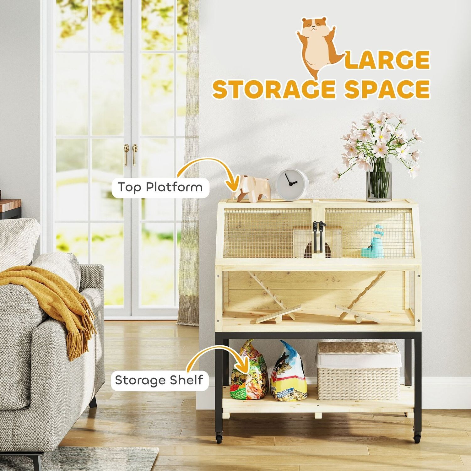 Hamster Cage on Wheels with Storage Shelf, 34"L x 17"W x 40"H