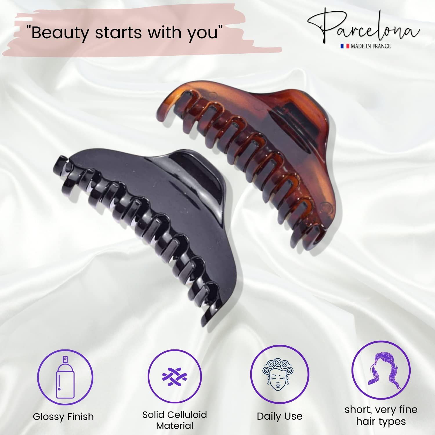 Parcelona French Skinny Boss Small 2 1/4" Black N Shell Celluloid Acetate Claw with Tight Spring Set of 2 Jaw Hair Claw Clips for Fine Hair, Made in France
