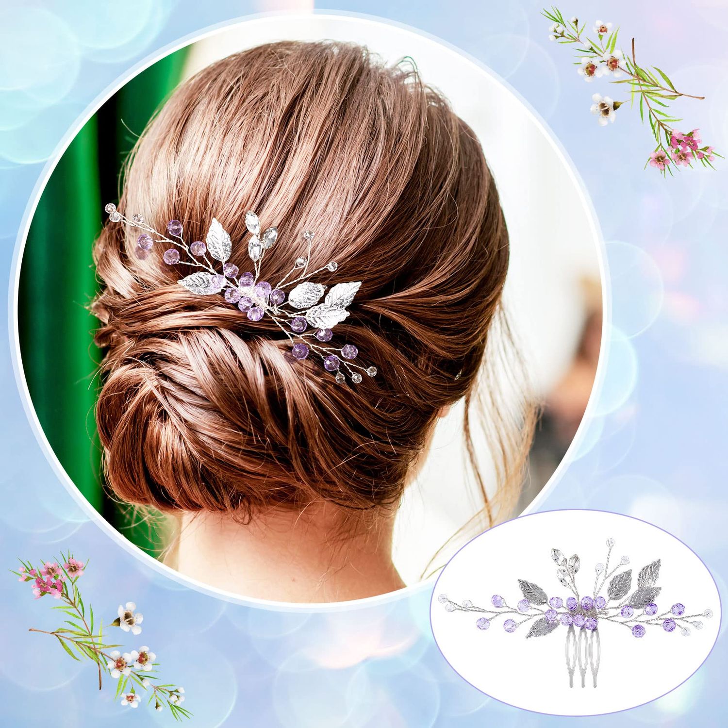 PAGOW 2PCS Leaf Hair Combs, Purple Rhinestone Hair Comb Clips, Hair Side Comb Clips, Crystal Wedding Headpiece Hair Accessories For Women, Girls, Bride, Bridesmaid (4.73 x 2.76 inch)