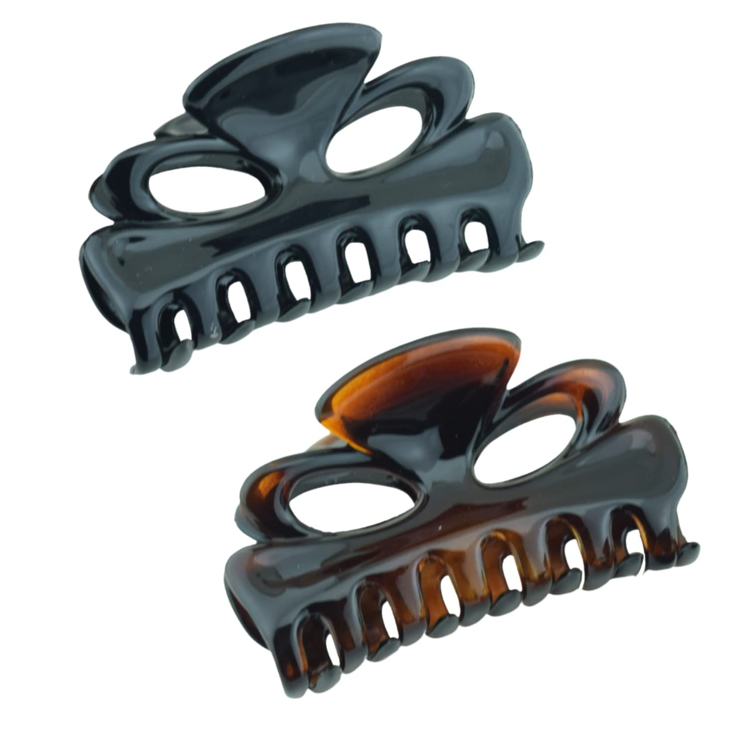 Parcelona French Chat Yeux 3 1/2" Shell and Black Celluloid Set of 2 Non Slip Hair Claw Clips for Women, Made in France