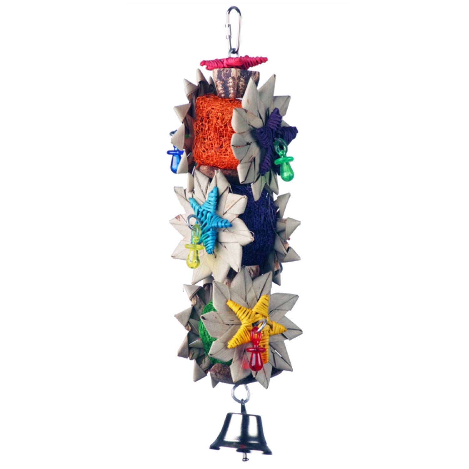Super Bird Creations SB1098 Palm Star Bird Toy for Parrots, Ringnecks, Medium Conures, Quakers, Pionus, Senegal - Leaves, Colorful loofa, Mahogany Pods Vine Stars - Medium Bird Size, 13" x 3.5" x 3.5"
