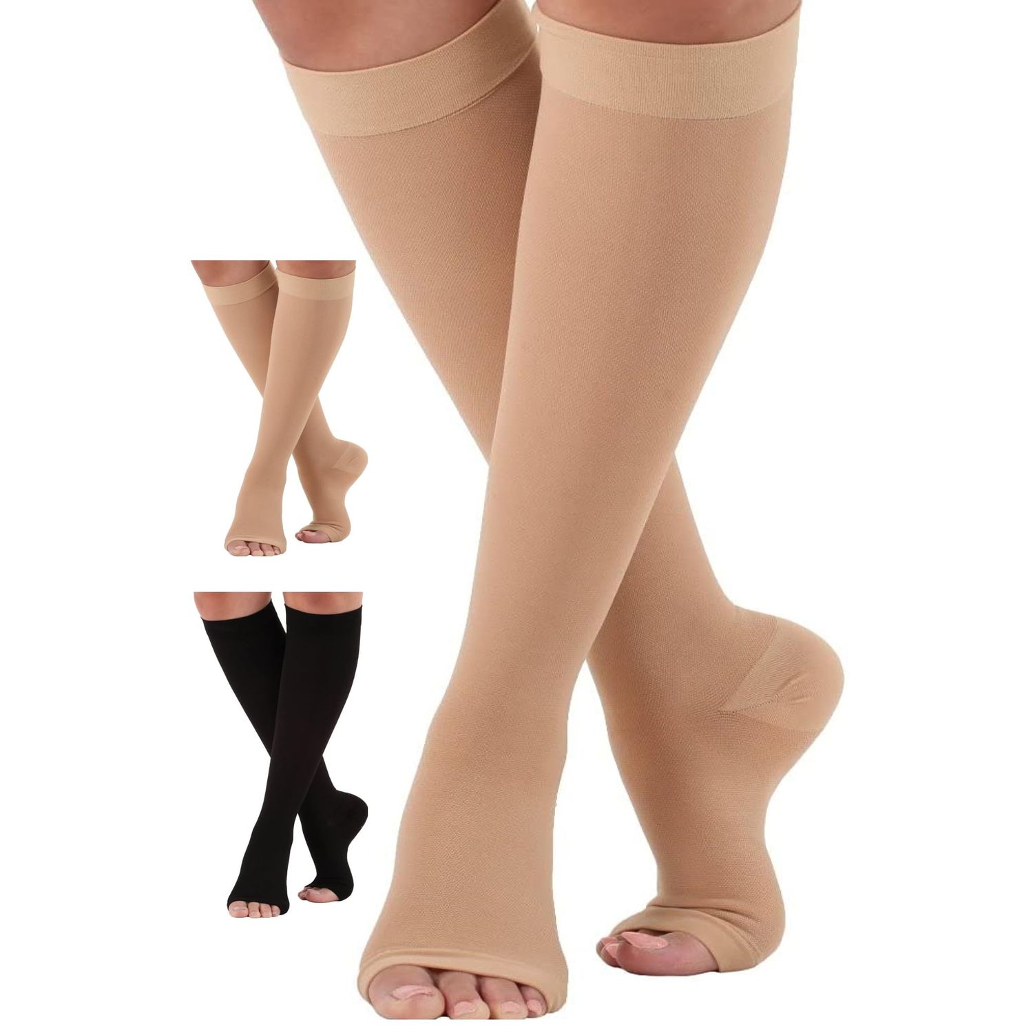 ABSOLUTE SUPPORT Opaque Compression Knee High for Women and Men 30-40mmHg - Graduated Compression Socks with Open Toe for Varicose Veins Circulation - Beige, Large - A311BE3