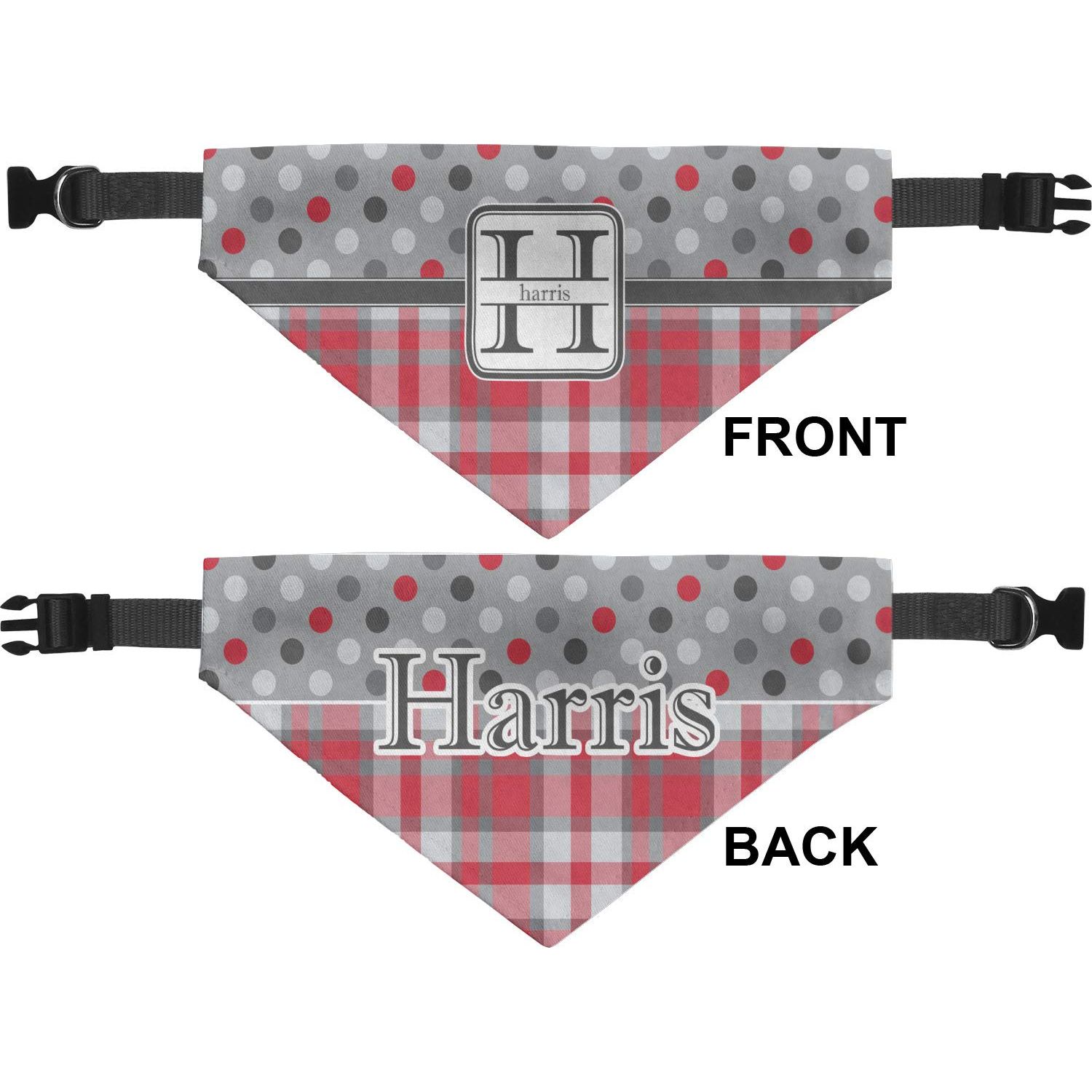 Personalized Red & Gray Dots and Plaid Dog Bandana - Small