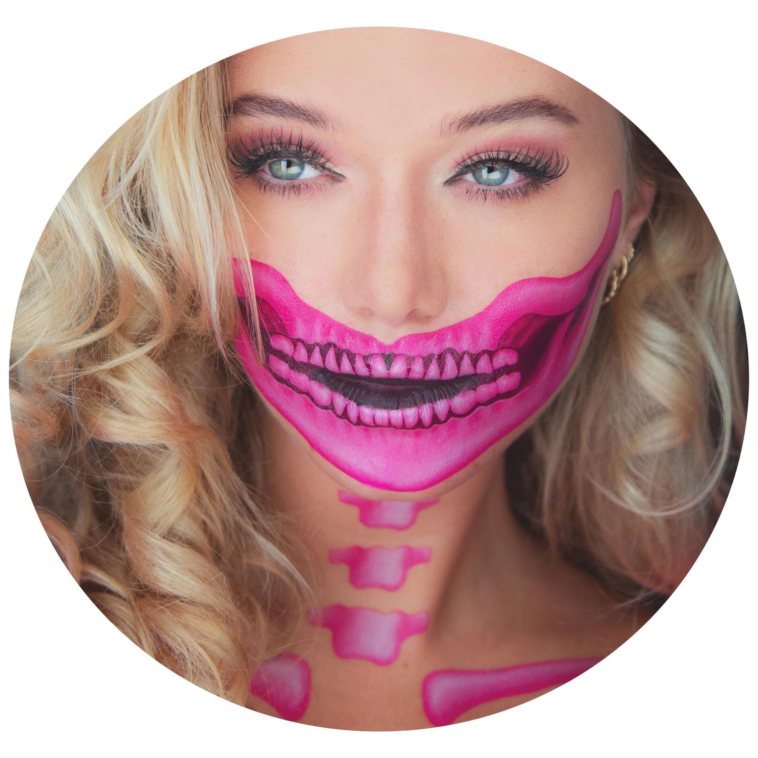 Tattoocrew 2 x Fantastic Plastic pink Skull Face, Temporary Tattoo, Halloween Costume for Women and Men, Adult