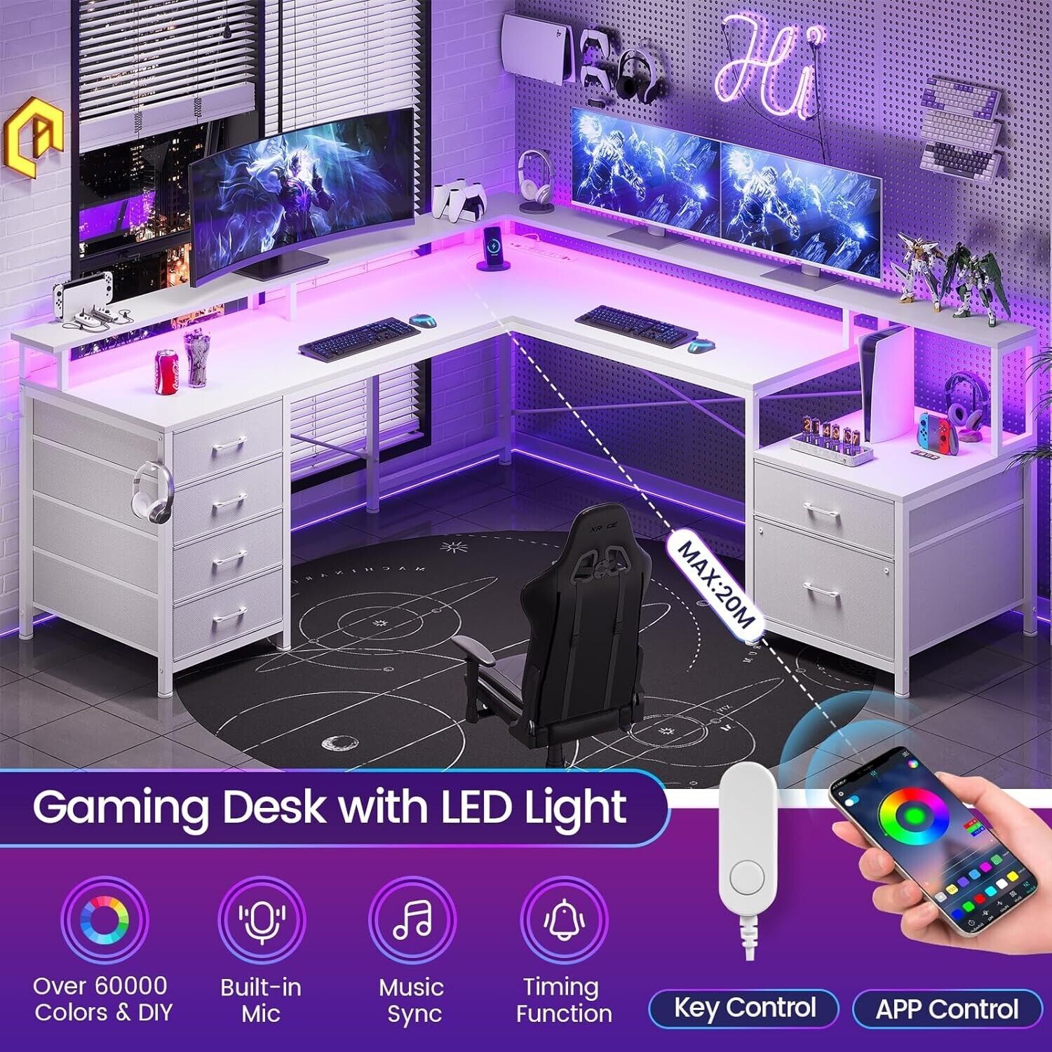 L Shaped Desk with 6 Drawers &Monitor Shelf, Gaming Desk with Led Lights (White)