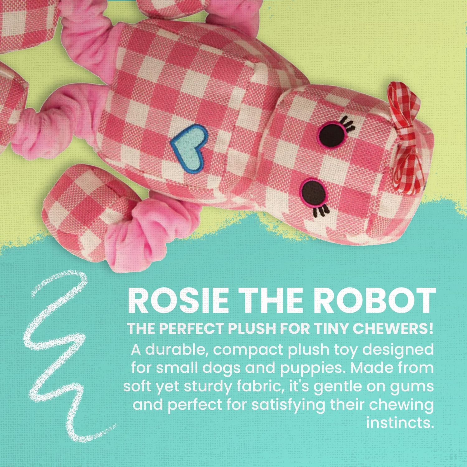 Health Extension Snugarooz Rosie The Robot Plush Dog Toy with Repair Patch Durable Gingham Linen - Bungee Arms & Legs - Perfect Cuddle Buddy