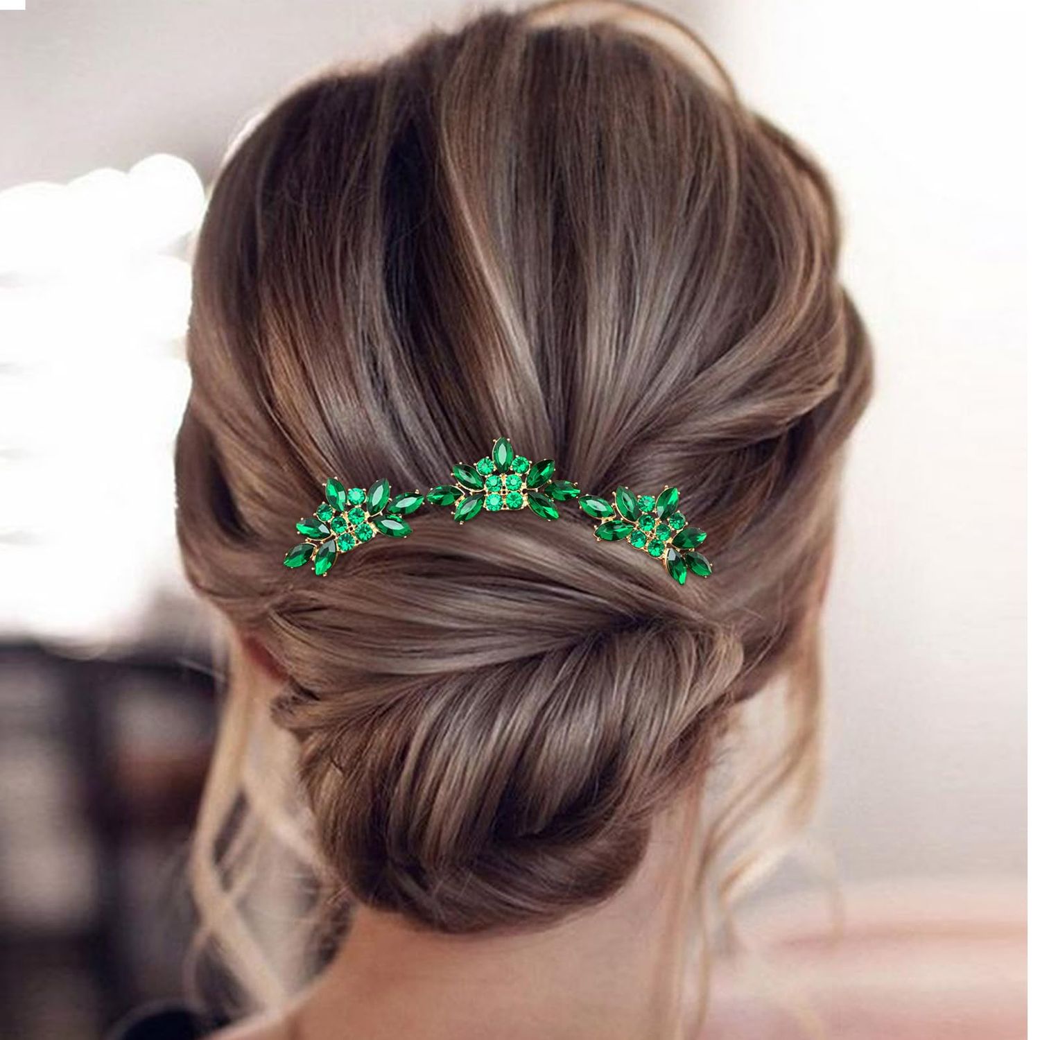BETITETO Bridal Crystal Hair Piece with Comb 3 Pieces Small Rhinestone Wedding Gold Hair Pins Accessories for Women Girls (Green)