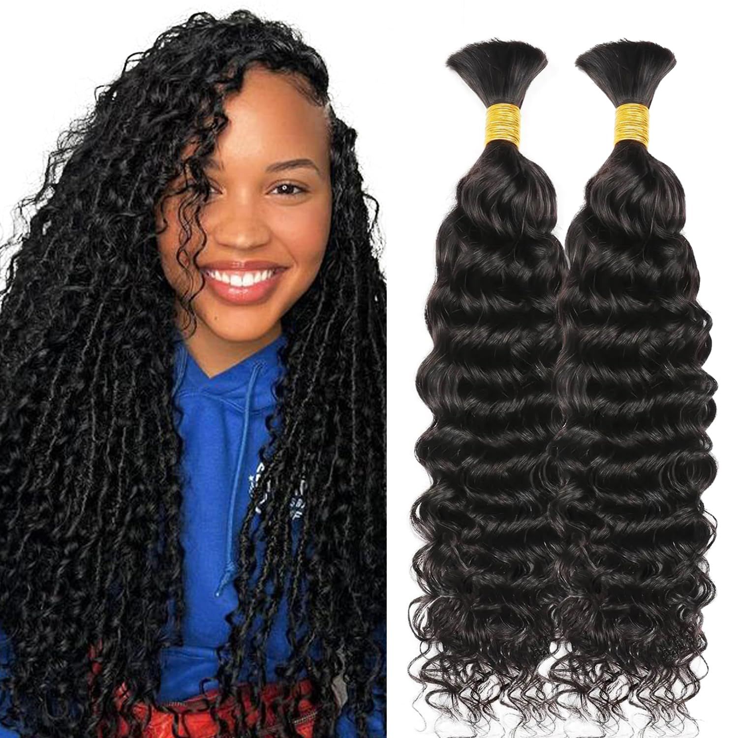 Human Braiding Hair 2 Bundles 100G 16 Inch Deep Water Wave Bulk Human Hair for Braiding No Weft 12A Brazilian Virgin Curly Human Hair Extensions for Boho Braids Wet and Wavy Human Hair Braiding Hair