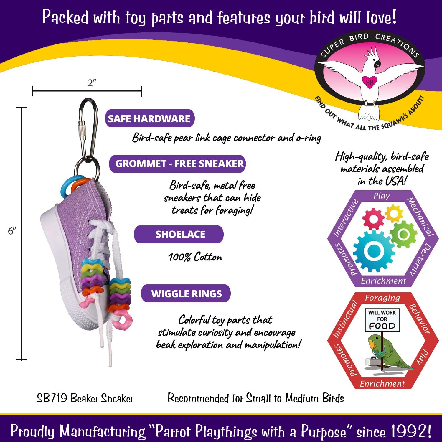 Super Bird Creations SB719 Beaker Sneaker Bird Toy for Parrotlets, Parakeets, Cockatiels, Lovebirds, ringnecks, Medium Conures - Mini Colorful Canvas Sneaker - Small/Medium Bird Size, 6" x 2"