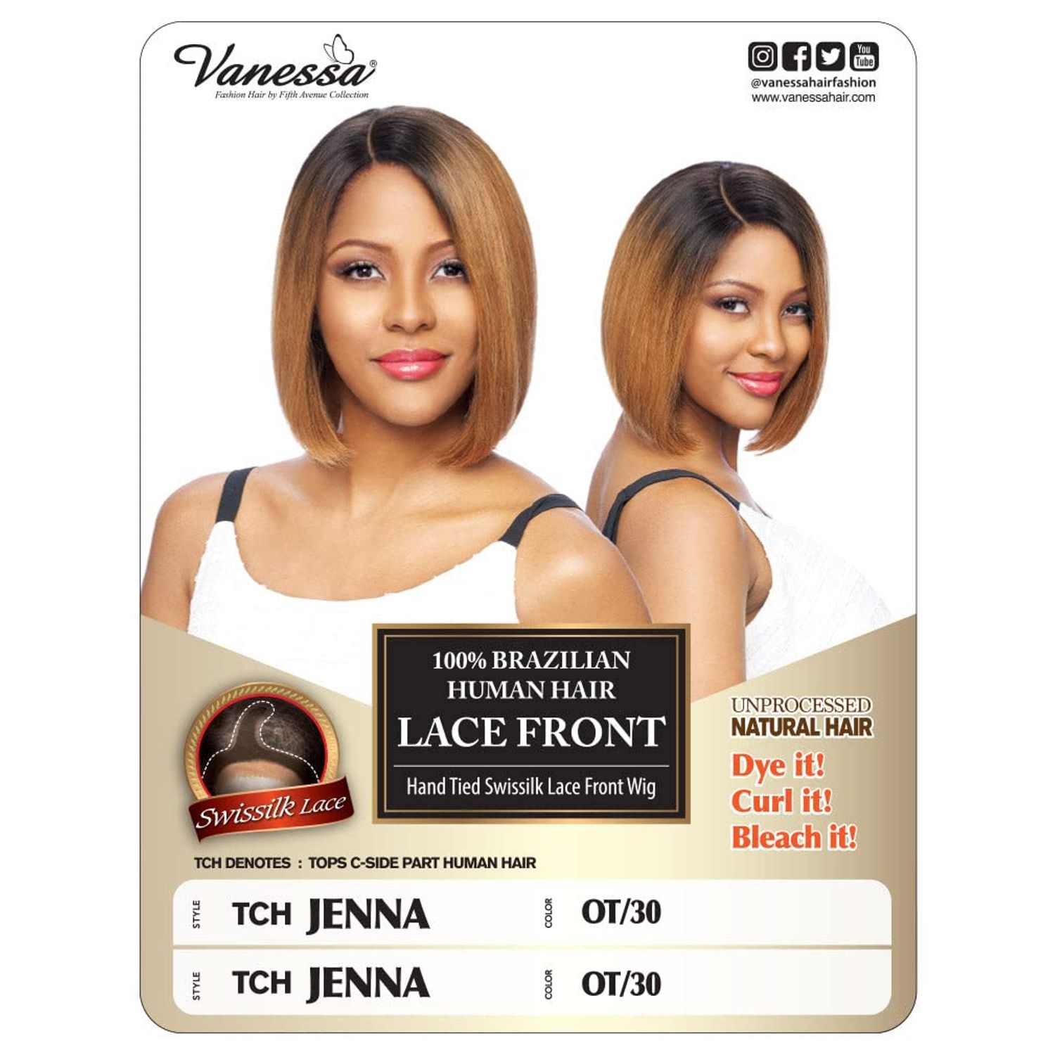 TCH JENNA (Natural) - Vanessa 100% Brazilian Human Hair Swiss Silk Lace Front Wig