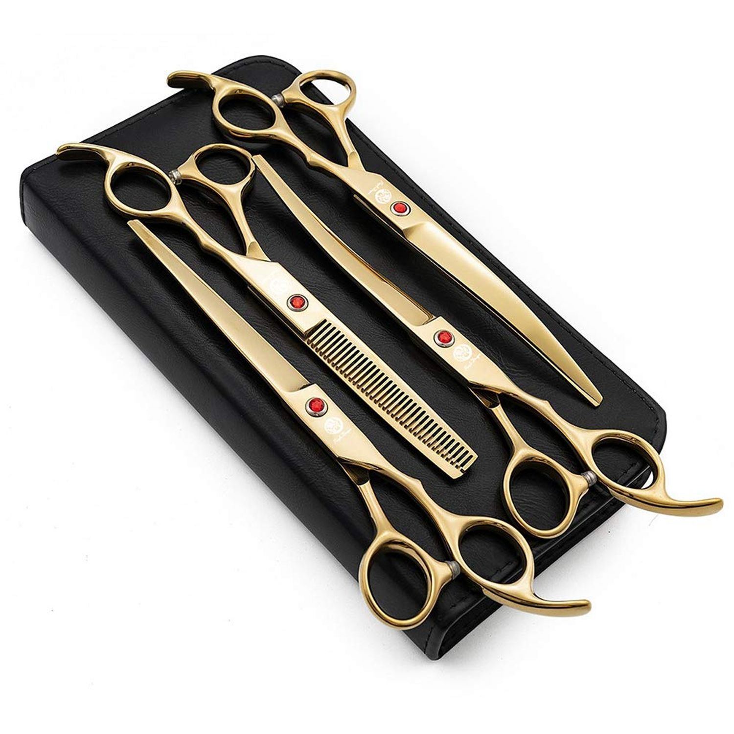 Purple Dragon Professional 7.0 inch 4PCS Pet Grooming Scissors Kit Japan Premium Steel Straight & Curved & Thinning Blade Dog Hair Cutting Shears Set with Case