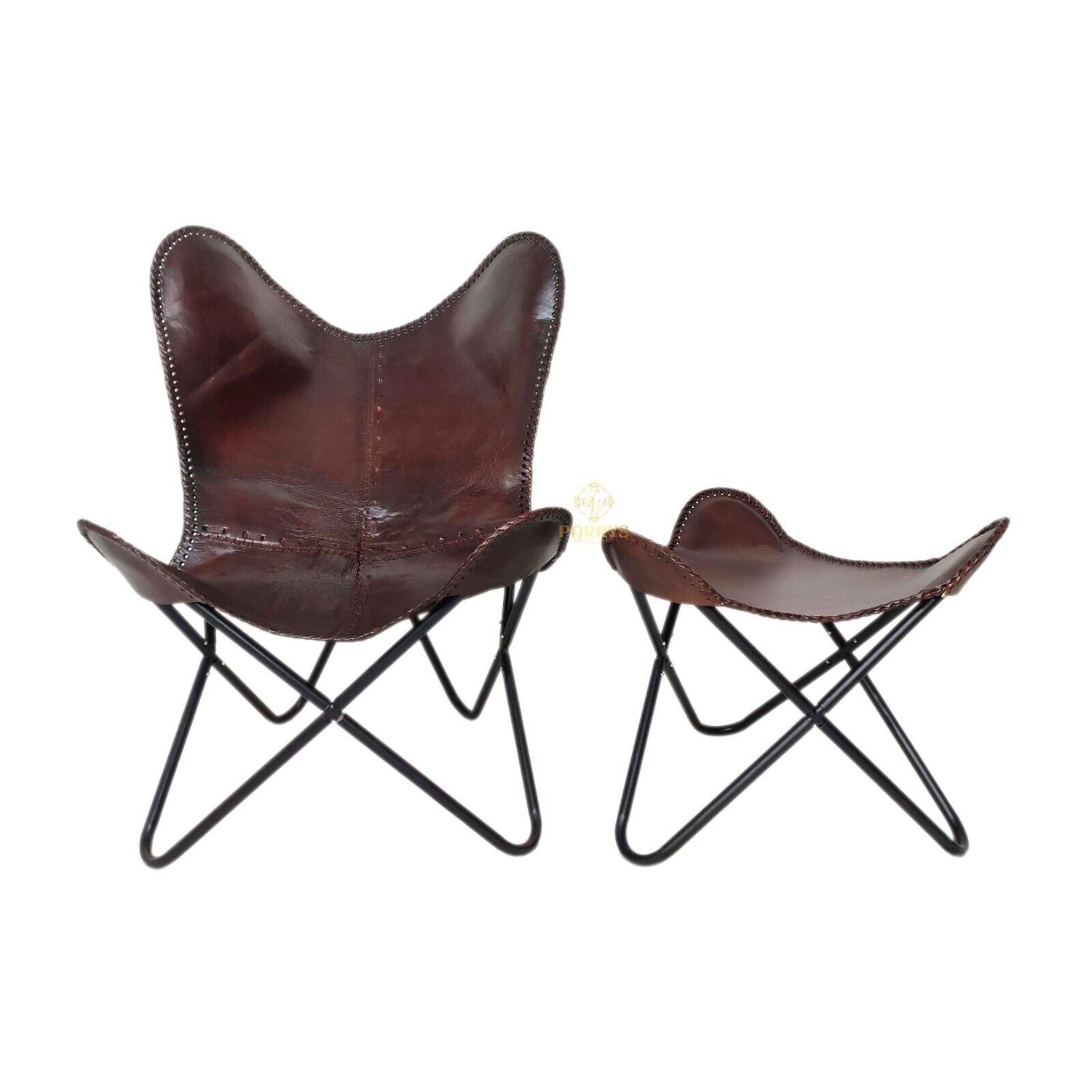 Brown Buffalo Leather Butterfly Chair With Ottoman Footstool Relaxing Chair