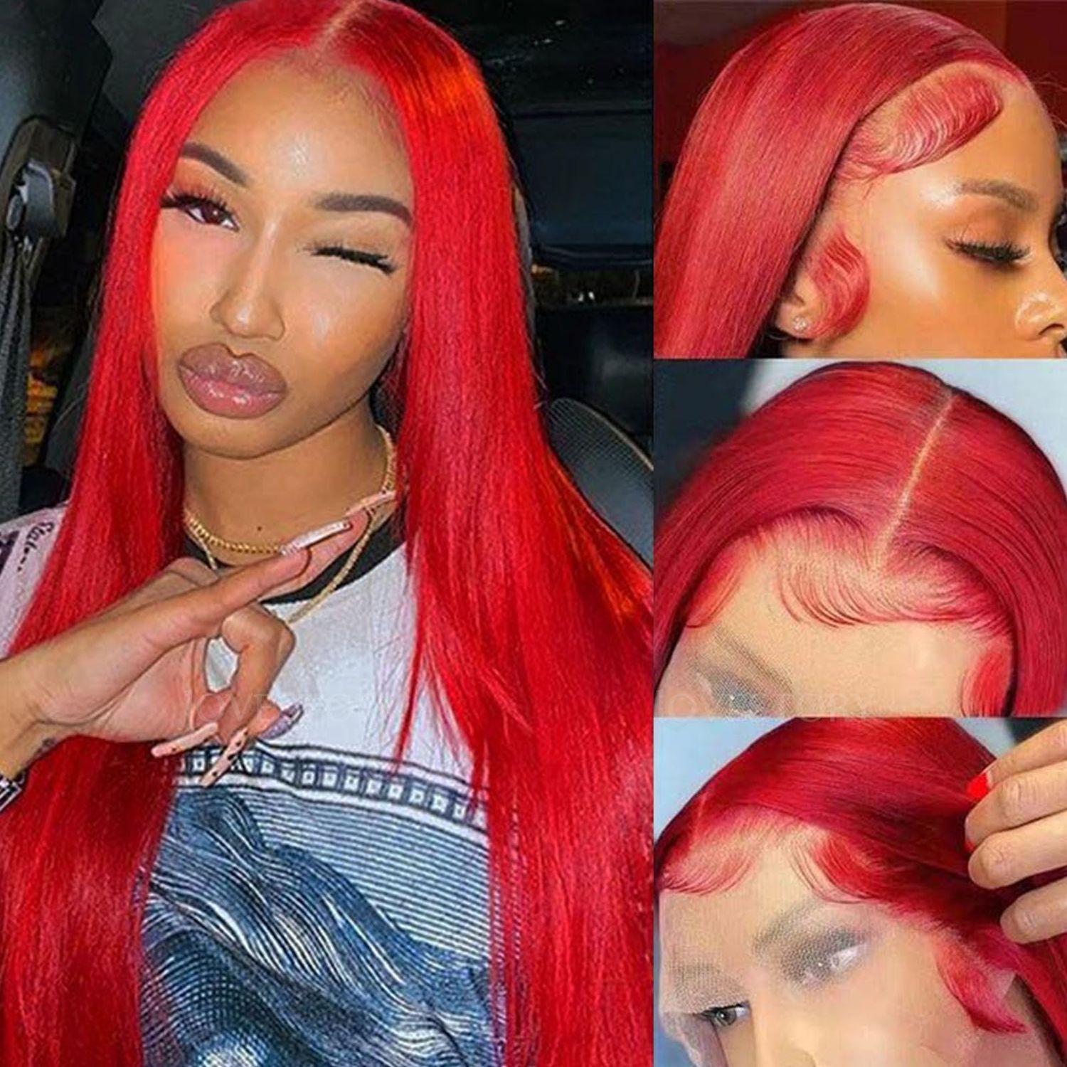 LoveStory 13x6 Long Straight Lace Front Wigs Red Color Pre Plucked Synthetic Lace Front Wigs Free Part Heat Resistant Glueless HD Lace Wigs natural Hairline