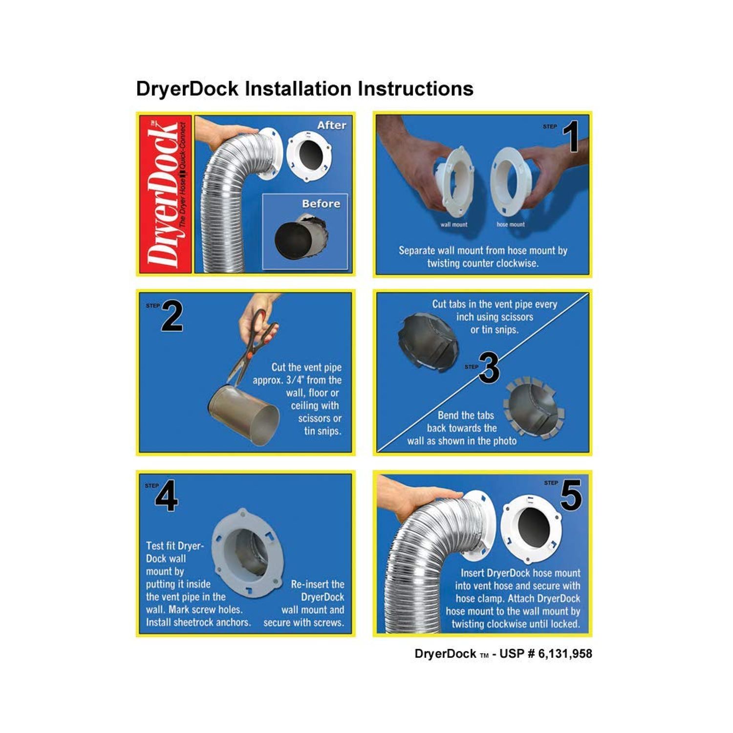 Dryer Dock The Original Dryer Vent Quick Release - Two-Piece Dryer Hose Quick-Connect, Twist & Lock Tight, Fits 4 Inch Tubes,White