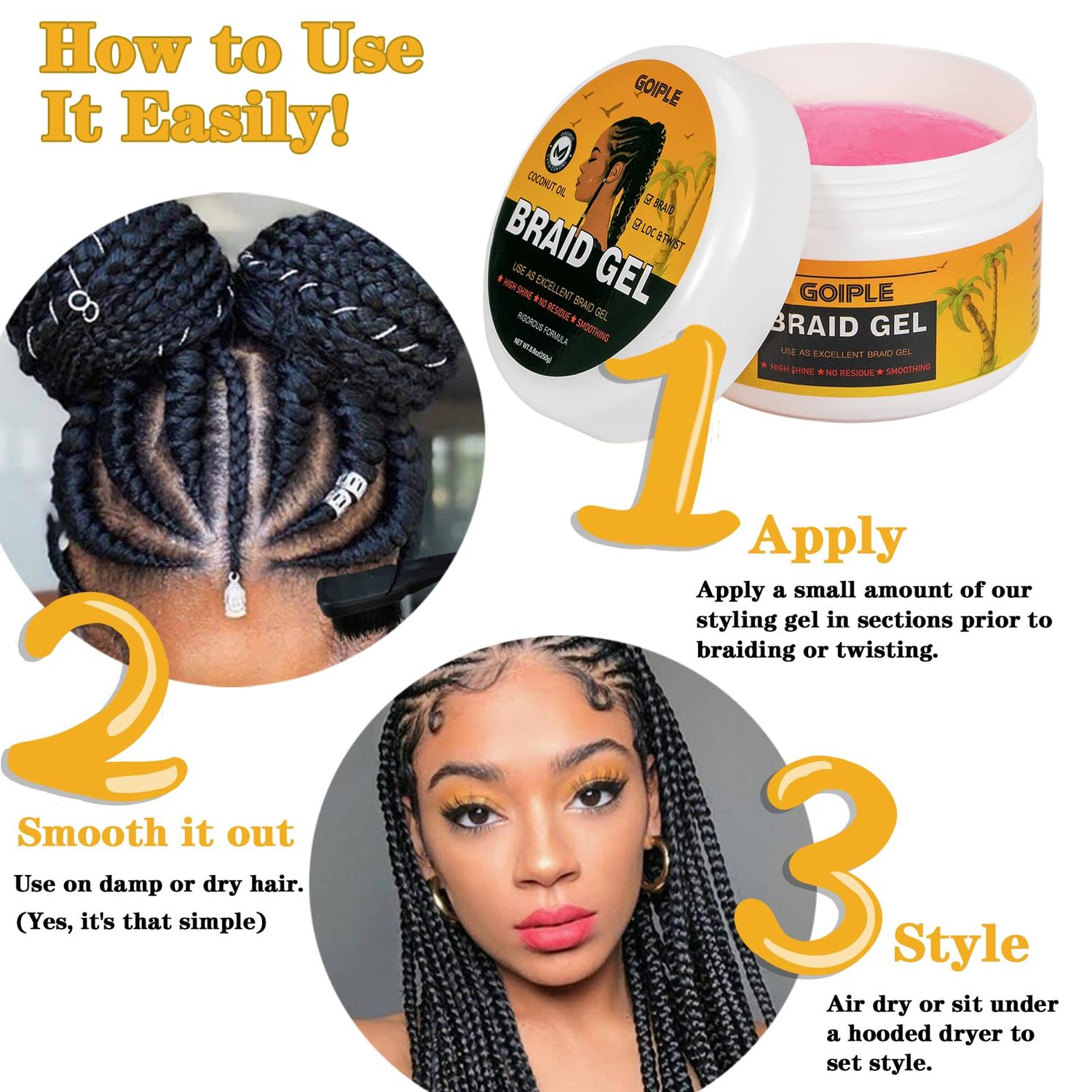Goiple Strong Hold Braid Gel Good for Twist, Locs, Braids, Edge No Flake Extra Hold High Shine Braiding Gel & Edge Control 8.8oz with Hair Combs