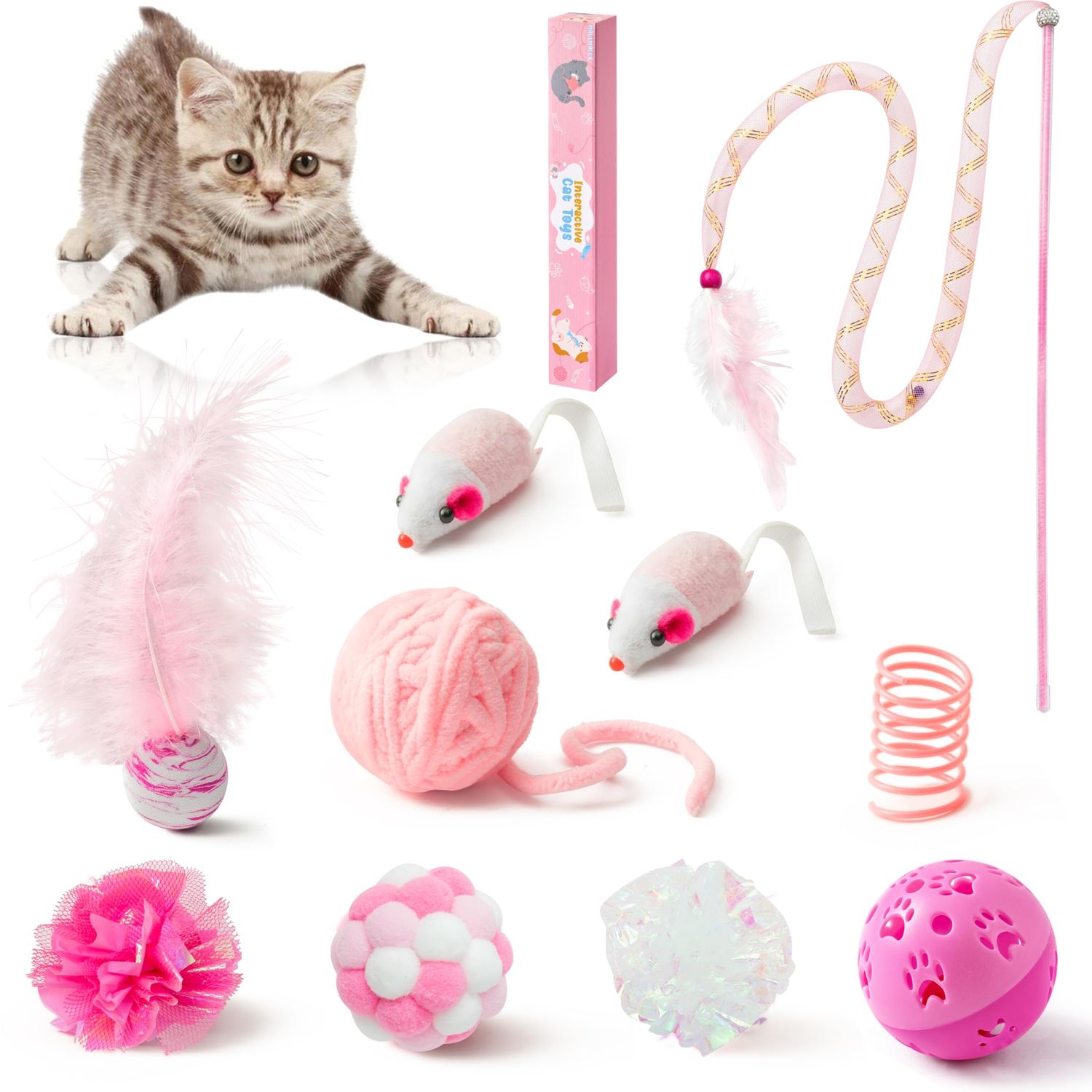 MALLMALL6 10Pcs Cat Toy Set Interactive Cat Toys Pack Including Feather Teaser Wand Cat Springs Mice Crinkle Balls and Pet Bell Balls, Puzzle Toys for Indoor Cats Gift (Pink)