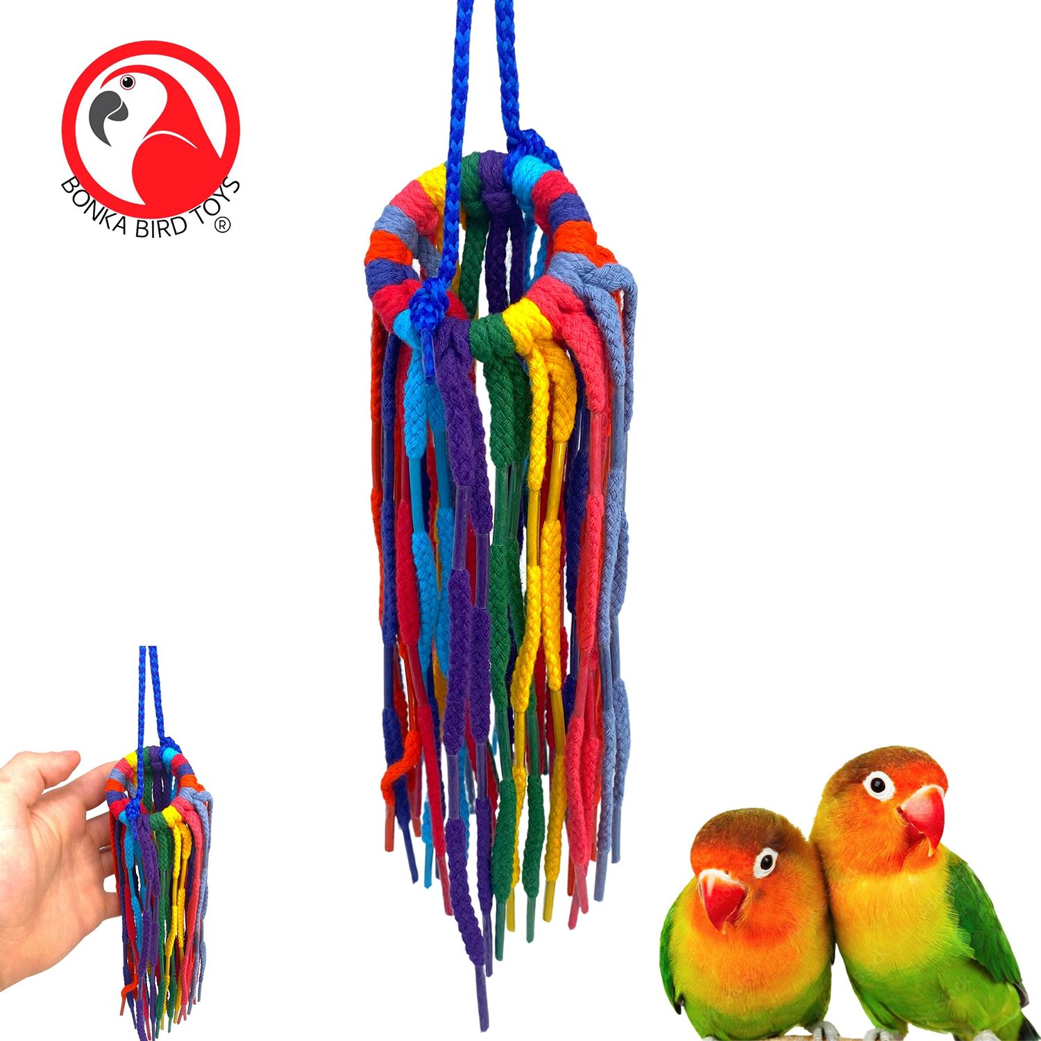 Bonka Bird Toys 51214 Small Aglet Heaven, 11" Hanging Bird Toy, Soft Colorful Cotton Shoelace Ring with Plastic Aglets, Lightweight and Easy to Play with, Safe for Parrots, Parakeets, Cockatiels