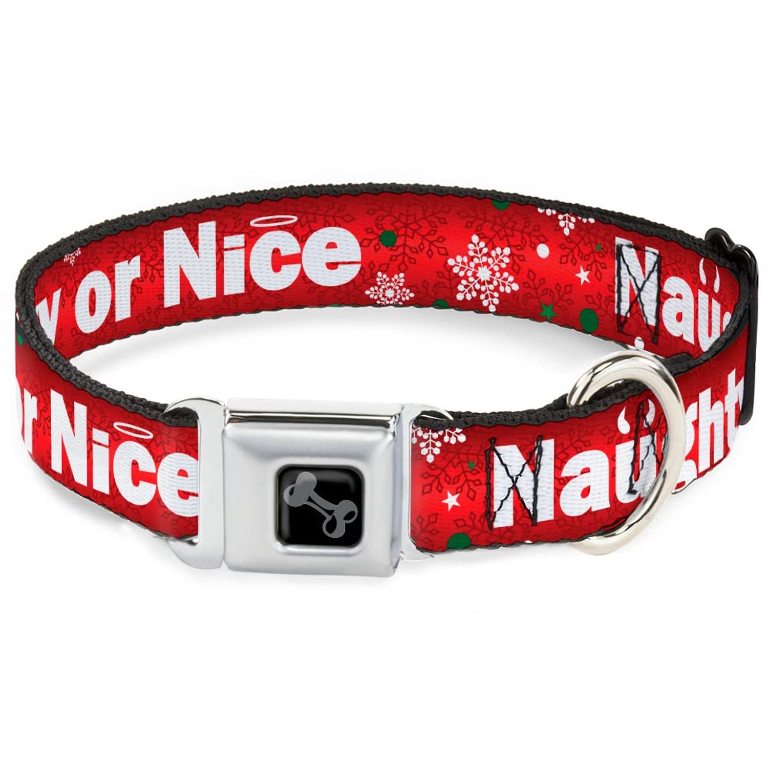 Buckle-Down 18-32" Christmas Naughty Or Nice/Snowflakes Reds/White/Green Dog Collar Bone, Wide Large