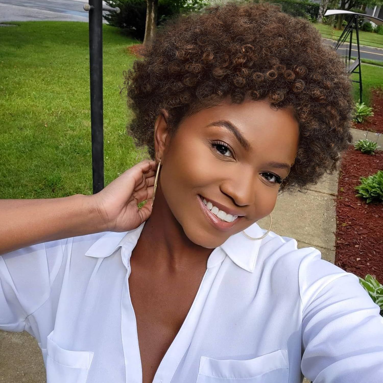WIGER Afro Kinky Curly Wig Human Hair for Women Short Ombre Brown Afro Wigs CurlyBrazilian Human Hair Machine Made None Lace Pixie Cut Wig (Mixed Brown)