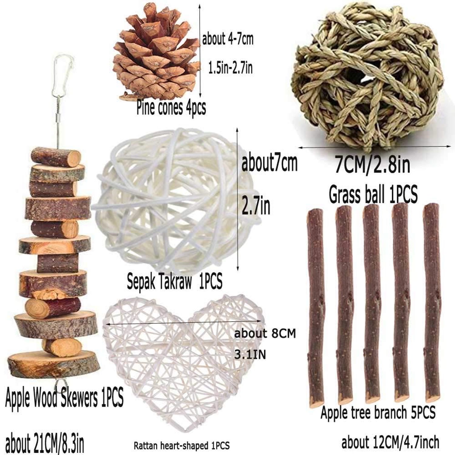 Rabbit Chew Toys, Pet Bunny Tooth Chew Toys Organic Natural Apple Wood Grass Cake Ideal for Bunny, Chinchilla, Guinea Pigs, Hamsters Teeth Grinding, Bird Exercise Molar (13PCS)