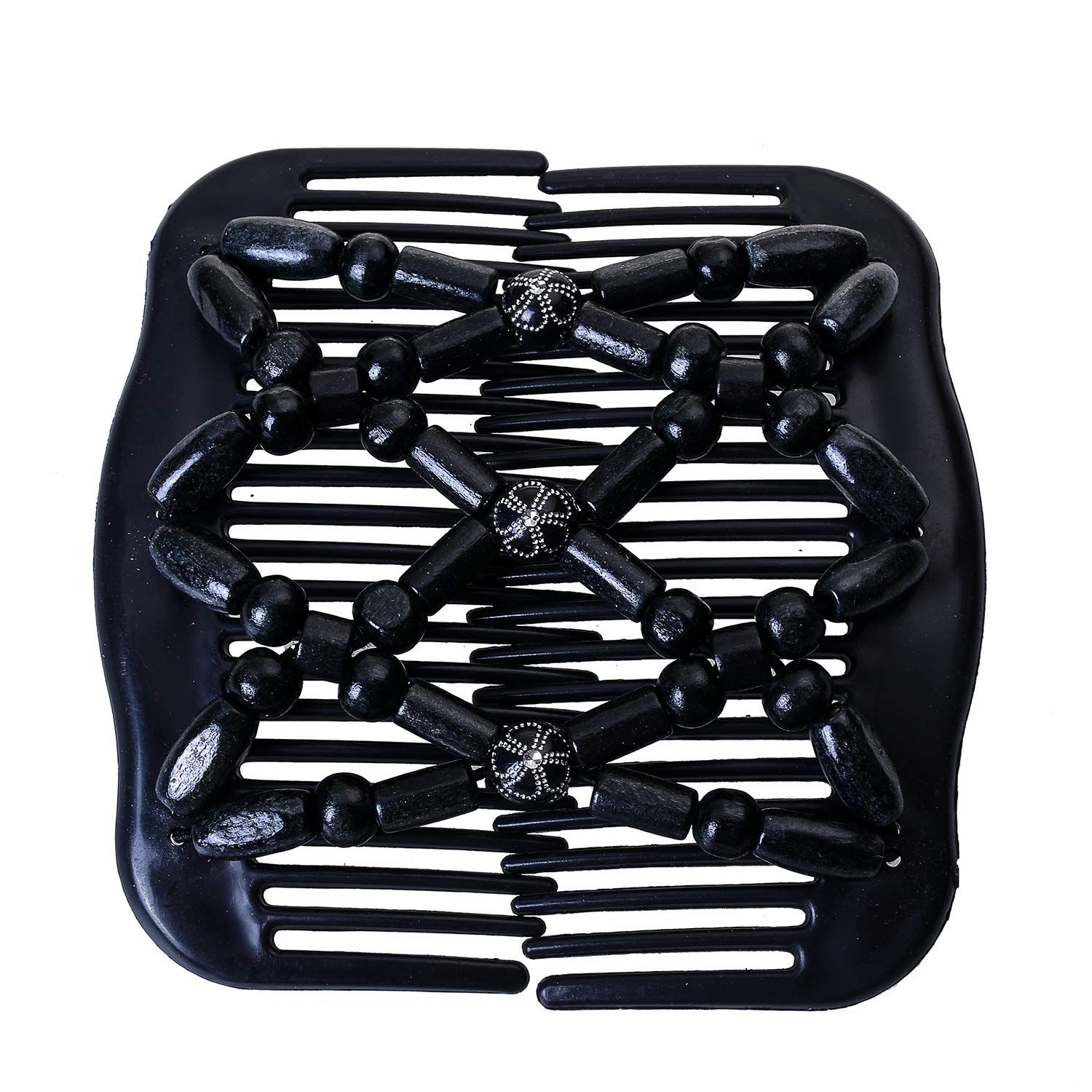 LOVEF Women Magic Hair Combs Wood Beaded Stretch Double Side Combs Clips Bun Maker Hair Accessories (Bead Back)