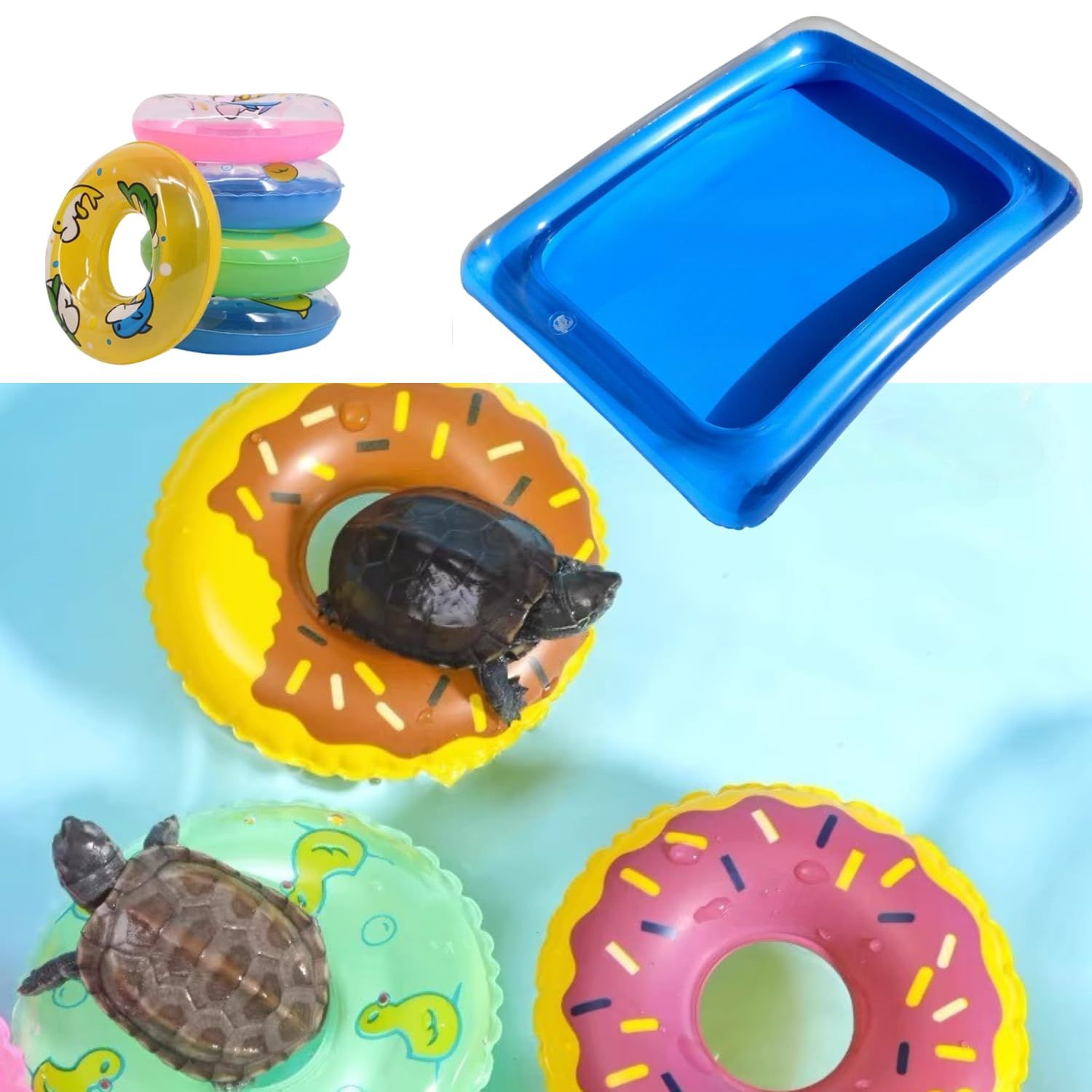 Lizard Bath Pool & Collar Rings Set - Inflatable Reptile Bathing Swimming Pool Bathtub Reptile Swim Float Ring for Leopard Gecko Amphibians Habitat Accessories Grooming Health Supplies (Blue)