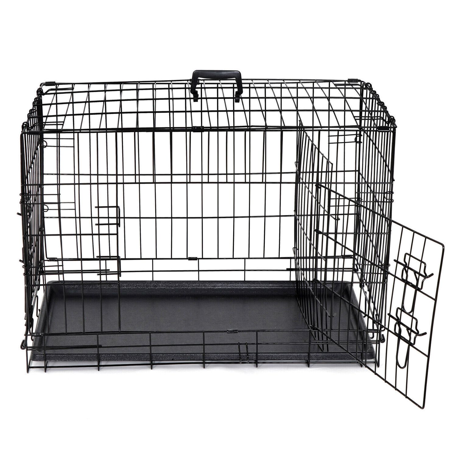 30" Durable Dog Crate Kennel 2 Door Folding Metal Pet Cat Cage with Tray Black