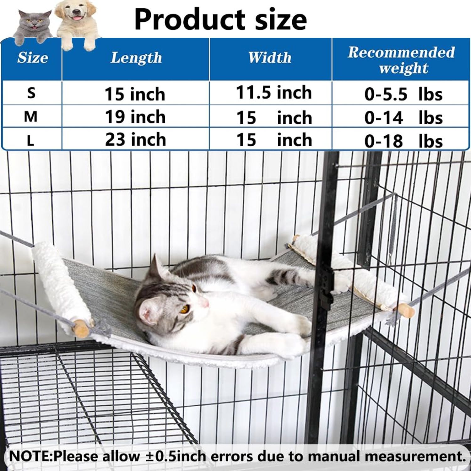 Reversible Cat Hammock for Cage Hanging, Soft Sleeping Bed for Kittens and Small Pets, Features Hardwood Spreader Bars, Portable Hammock can be Tied Between Trees or Posts (Grey+White, Medium)