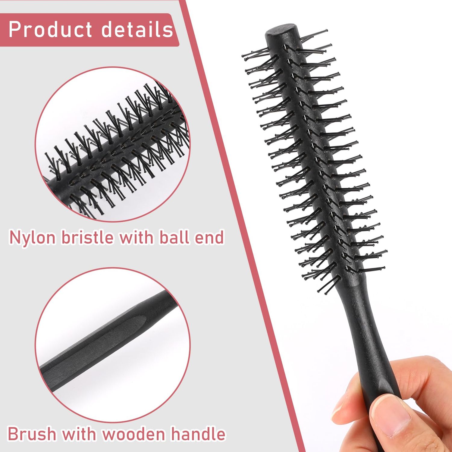 Small Round Hair Brush, Boar Bristle Brush Curling Brush Travel Round Brush for Blow Drying and Nylon Bristles Hair Comb with Wood Handle, Roller Hairbrush for Women, Beard Brush for Men(Black & Red)