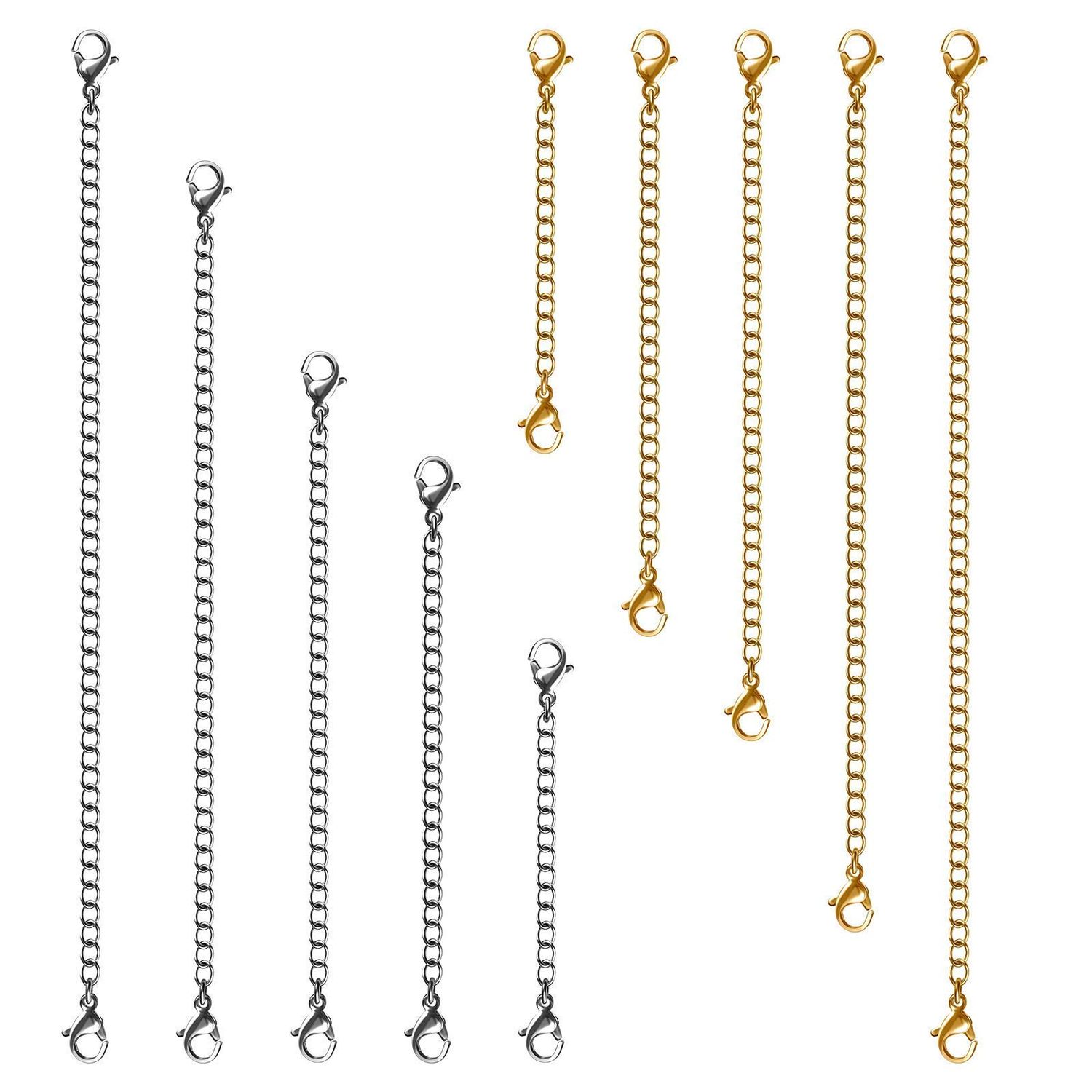 Necklace Extenders, 10Pcs Stainless Steel Gold Silver Necklace Bracelet Anklet Extension Chains with Lobster Clasps and Closures for Jewelry Making